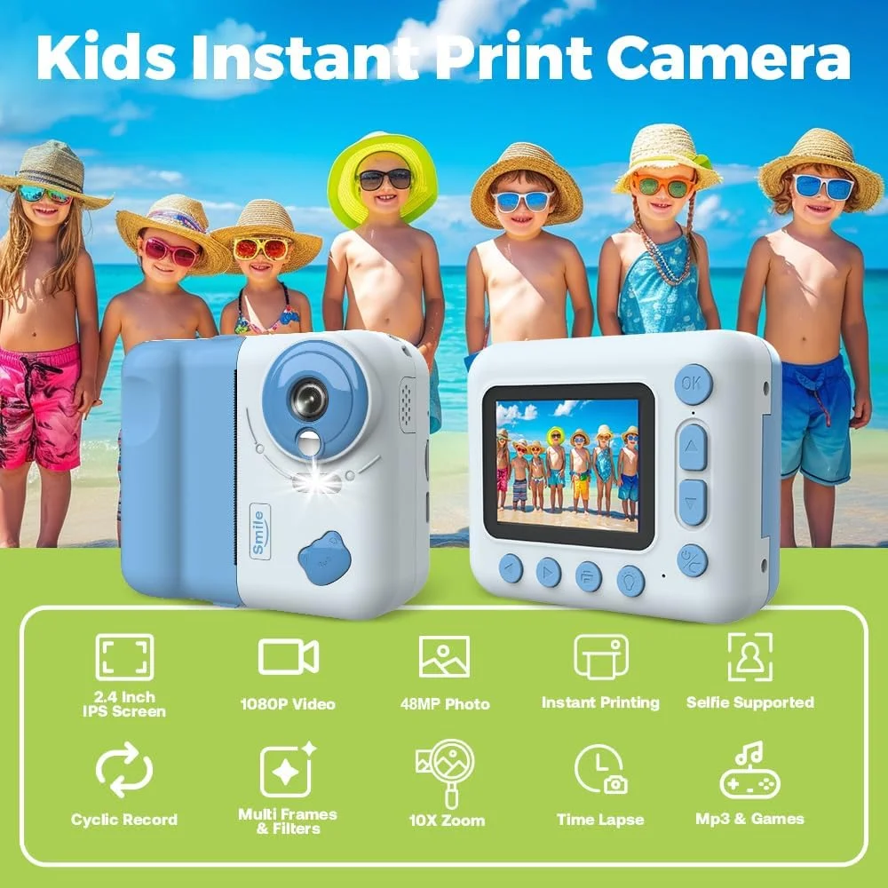 دوربین چاپ فوری کودکانه دوربین دیجیتال 1080P برای کودکان صفحه نمایش 2.4 اینچی IPS زوم 10X باتری داخلی با کاغذ چاپ حرارتی خودکار، قلم های رنگی، بند گردنی و کارت حافظه 32 گیگابایتی هدیه تولد و جشن