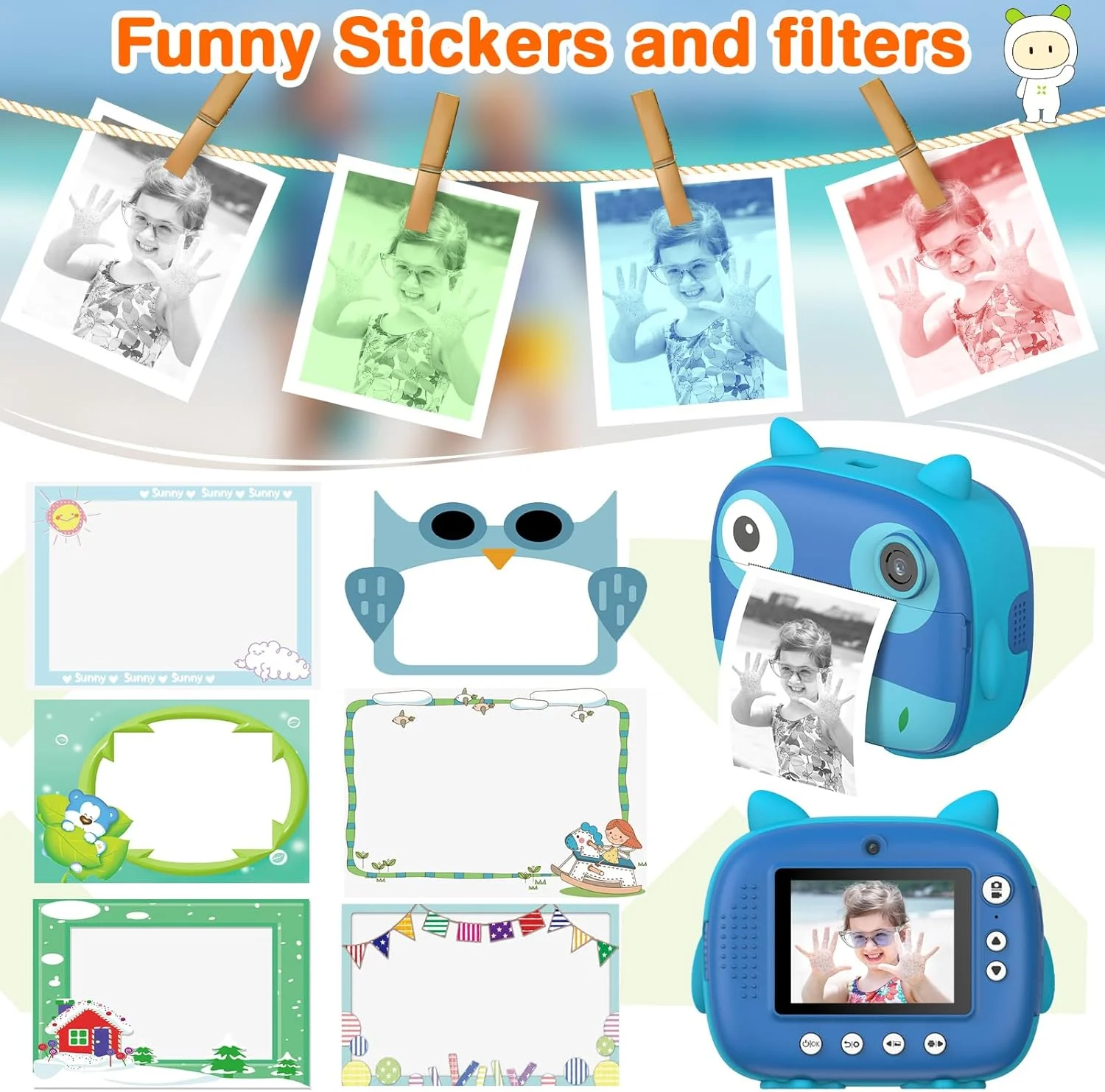 دوربین چاپ فوری 2.5K مناسب کودکان، دوربین دیجیتال 12 مگاپیکسلی با صفحه نمایش 2.4 اینچی IPS، زوم دیجیتال 10 برابر، فیلترهای جذاب، قابلیت فیلمبرداری به همراه 3 رول کاغذ چاپ و کارت حافظه 32 گیگابایتی