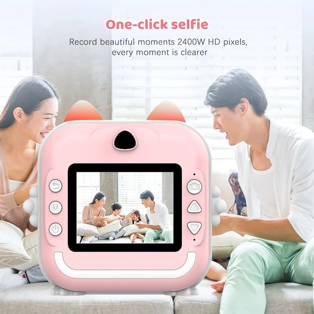 دوربین چاپ فوری کودکانه با کیفیت 24 مگاپیکسل، دوربین دیجیتال کودکان با صفحه نمایش 2.4 اینچی IPS، فیلترهای جذاب، فوکوس خودکار، هدیه جشن، هدیه تولد به همراه کارت خوان 32 گیگابایتی