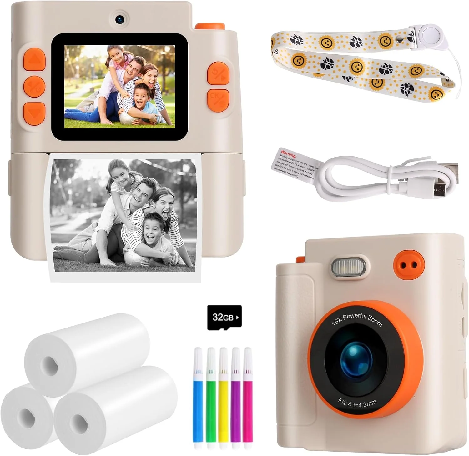 دوربین چاپ فوری کودکانه با کیفیت 1080P HD به همراه کارت حافظه 32 گیگابایتی، کاغذ چاپ و صفحه نمایش 2.0 اینچی، مناسب برای عکاسی، فیلمبرداری و سلفی، هدیه اسباب بازی ایده آل برای کودکان