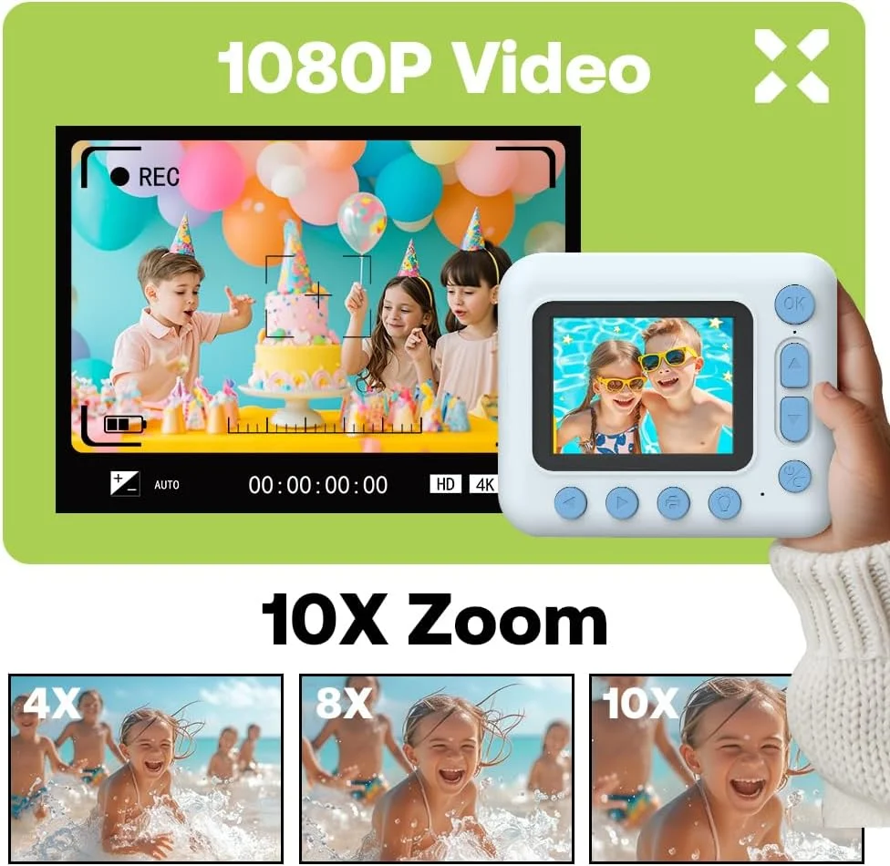 دوربین چاپ فوری کودکانه دوربین دیجیتال 1080P برای کودکان صفحه نمایش 2.4 اینچی IPS زوم 10X باتری داخلی با کاغذ چاپ حرارتی خودکار، قلم های رنگی، بند گردنی و کارت حافظه 32 گیگابایتی هدیه تولد و جشن
