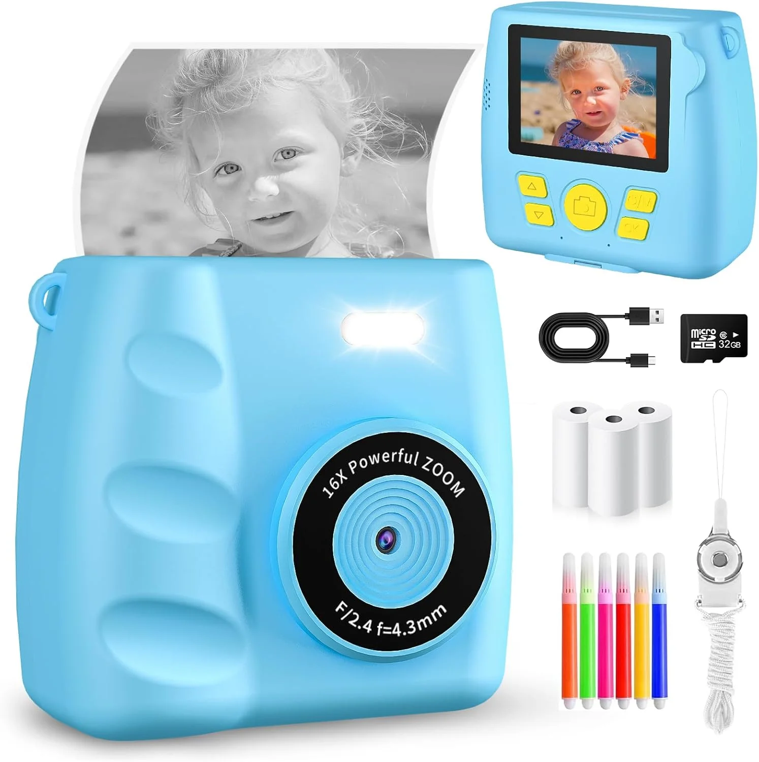 دوربین چاپ فوری، دوربین دیجیتال فوری کودکانه - هدیه تولد کریسمس برای سنین 6-12 سال، دوربین فیلمبرداری کودکان 1080P HD با کارت SD 32G، 3 رول کاغذ عکس هدیه برای پسران و دختران