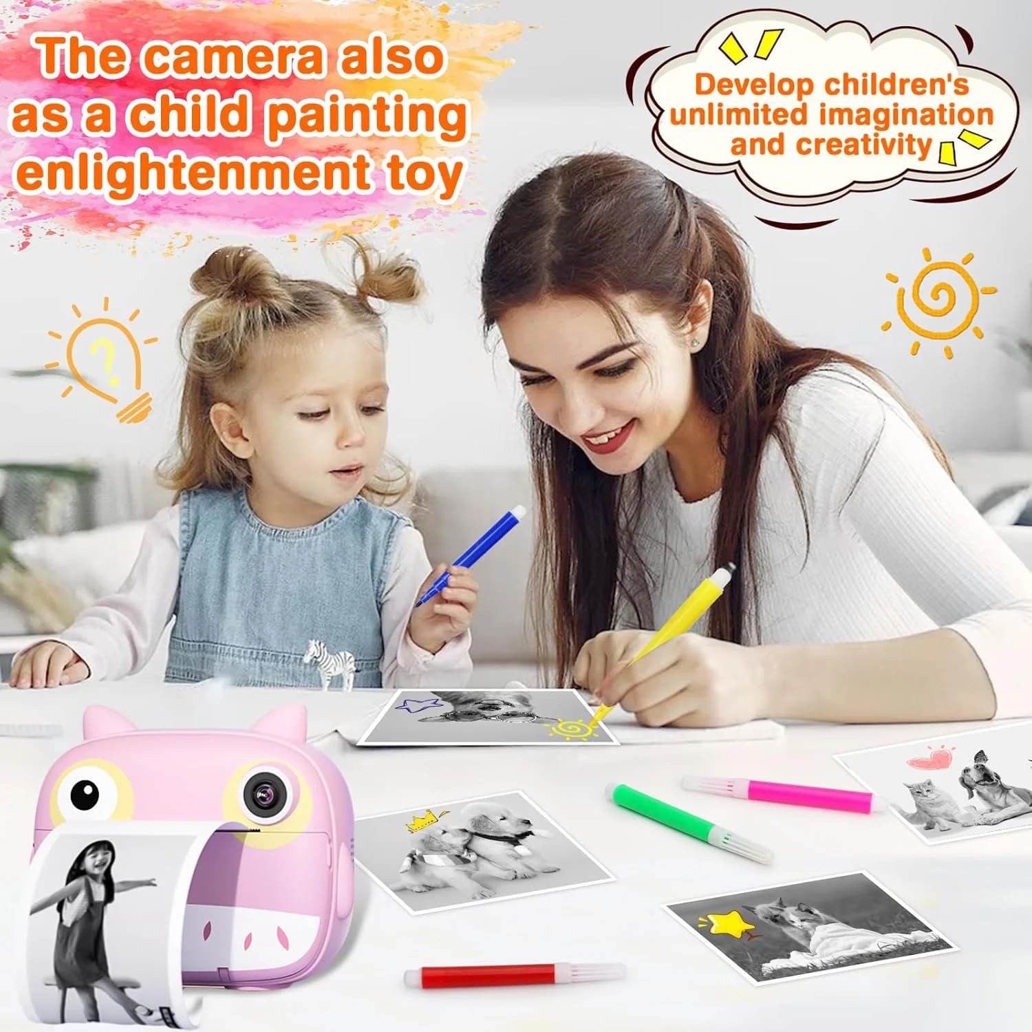 دوربین چاپ فوری 2.5K مناسب کودکان، دوربین دیجیتال 12 مگاپیکسلی با صفحه نمایش 2.4 اینچی IPS، زوم دیجیتال 10 برابر، فیلترهای جذاب، قابلیت فیلمبرداری به همراه 3 رول کاغذ چاپ و کارت حافظه 32 گیگابایتی