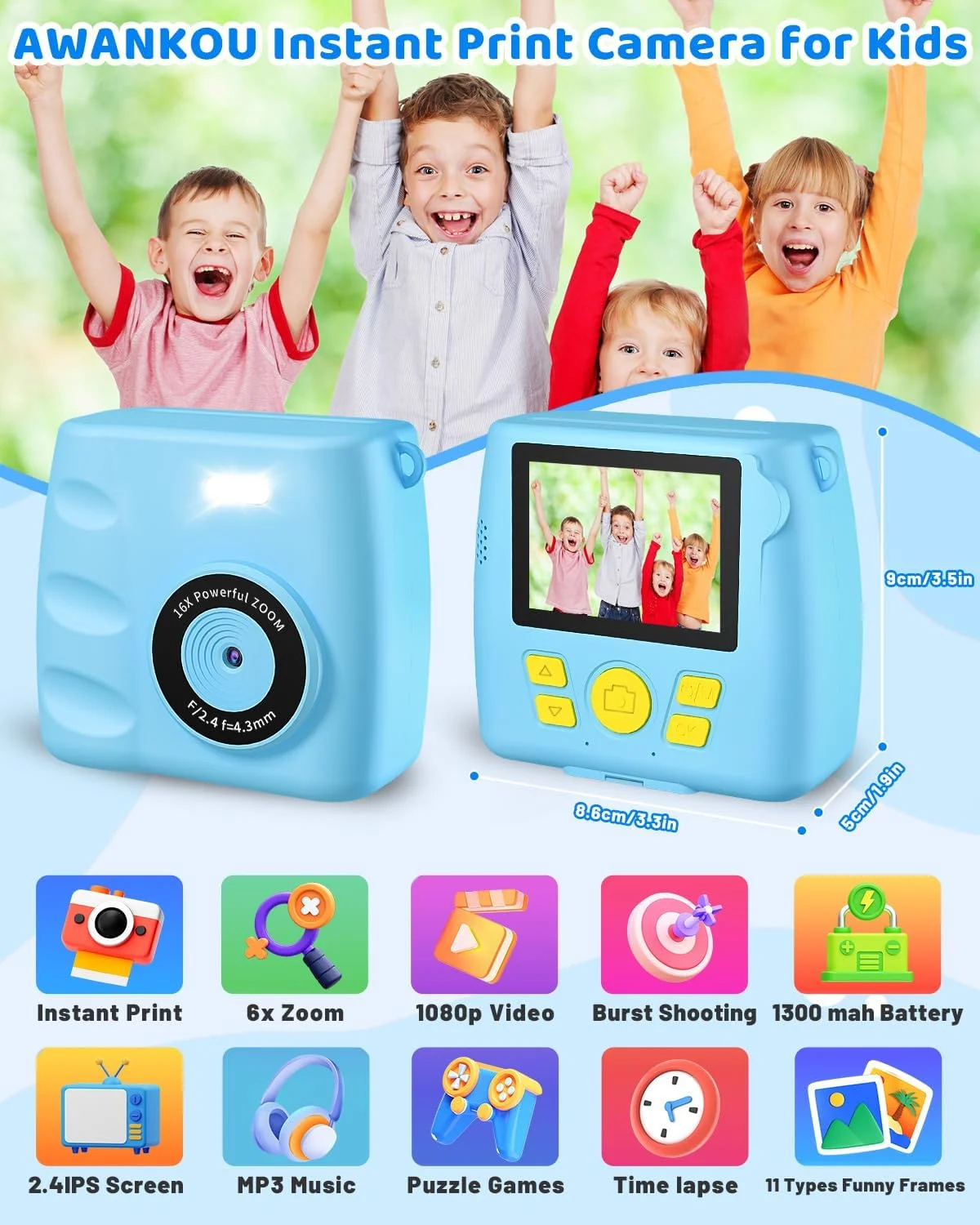 دوربین چاپ فوری، دوربین دیجیتال فوری کودکانه - هدیه تولد کریسمس برای سنین 6-12 سال، دوربین فیلمبرداری کودکان 1080P HD با کارت SD 32G، 3 رول کاغذ عکس هدیه برای پسران و دختران
