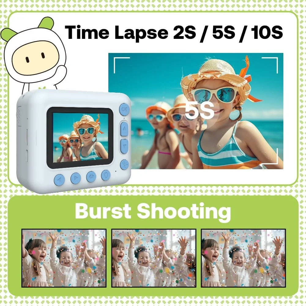 دوربین چاپ فوری کودکانه دوربین دیجیتال 1080P برای کودکان صفحه نمایش 2.4 اینچی IPS زوم 10X باتری داخلی با کاغذ چاپ حرارتی خودکار، قلم های رنگی، بند گردنی و کارت حافظه 32 گیگابایتی هدیه تولد و جشن