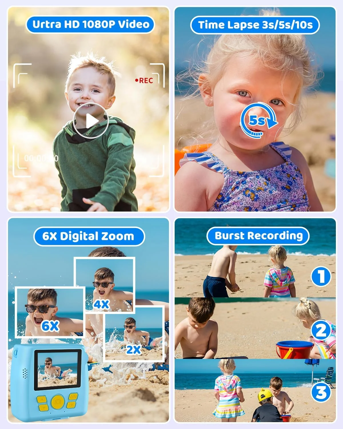 دوربین چاپ فوری، دوربین دیجیتال فوری کودکانه - هدیه تولد کریسمس برای سنین 6-12 سال، دوربین فیلمبرداری کودکان 1080P HD با کارت SD 32G، 3 رول کاغذ عکس هدیه برای پسران و دختران