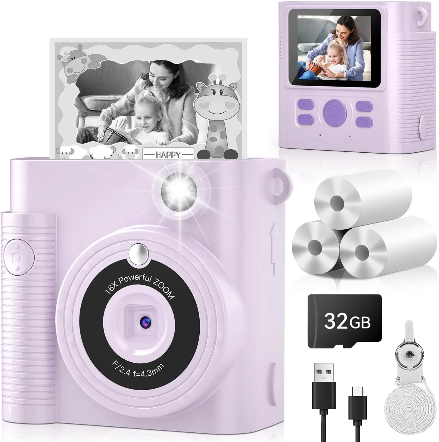 دوربین چاپ فوری کودکانه، مناسب کودکان و نوجوانان، دوربین فیلمبرداری دیجیتال HD 1080P به همراه کارت حافظه 32 گیگابایتی، اسباب بازی قابل حمل تولد برای سنین 3، 4، 5، 6، 7، 8، 9، 10، 11 و 12 سال دختران و پسران