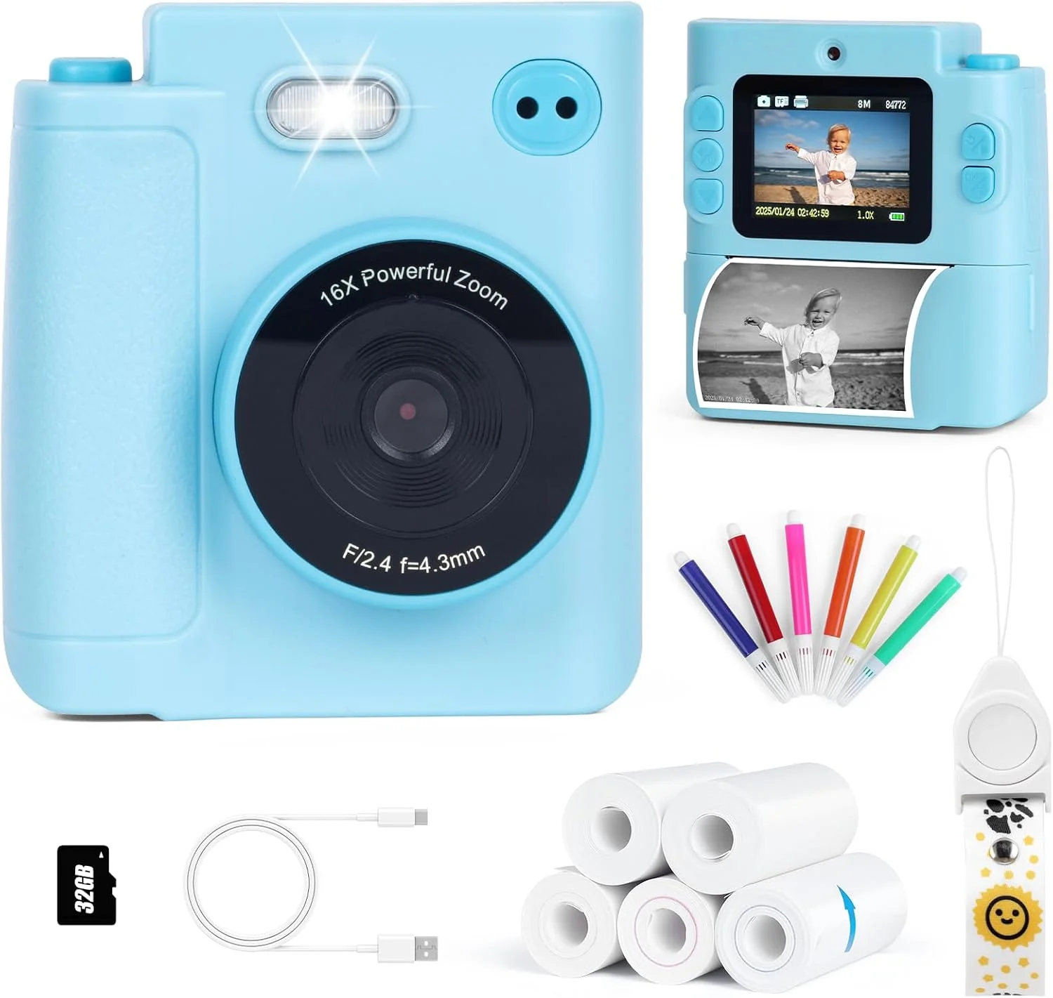 دوربین چاپ فوری کودکانه، دوربین دیجیتال سلفی دو لنز 1080P HD به همراه 5 رول کاغذ چاپ و کارت TF 32 گیگابایتی، برای کودکان، اسباب بازی قابل حمل برای کودکان 3-12 ساله (آبی)