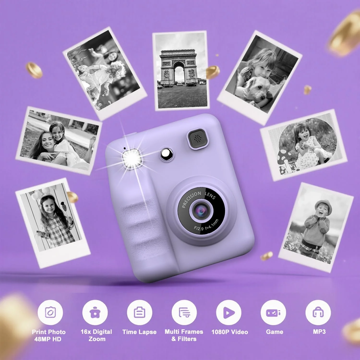 دوربین چاپ فوری کودکانه، دوربین دیجیتال سلفی با فیلمبرداری 1080P، اسباب بازی دوربین مسافرتی قابل حمل برای کودکان 3 4 5 6 7 8 9 ساله