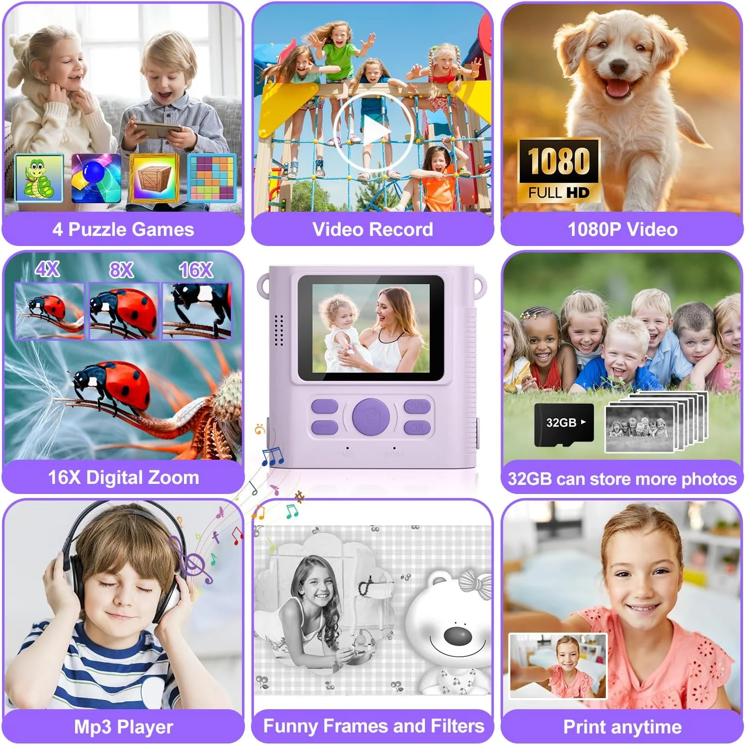 دوربین چاپ فوری کودکانه، مناسب کودکان و نوجوانان، دوربین فیلمبرداری دیجیتال HD 1080P به همراه کارت حافظه 32 گیگابایتی، اسباب بازی قابل حمل تولد برای سنین 3، 4، 5، 6، 7، 8، 9، 10، 11 و 12 سال دختران و پسران