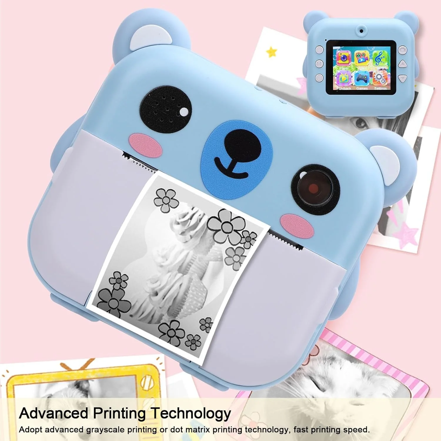 دوربین چاپ فوری کودکانه، دوربین دیجیتال 1080P با صفحه نمایش 2 اینچی TFT و کاغذ چاپ، دوربین قابل حمل کودک نوپا، اسباب بازی دوربین مسافرتی برای دختران پسران، تولد، کریسمس، تعطیلات (آبی)