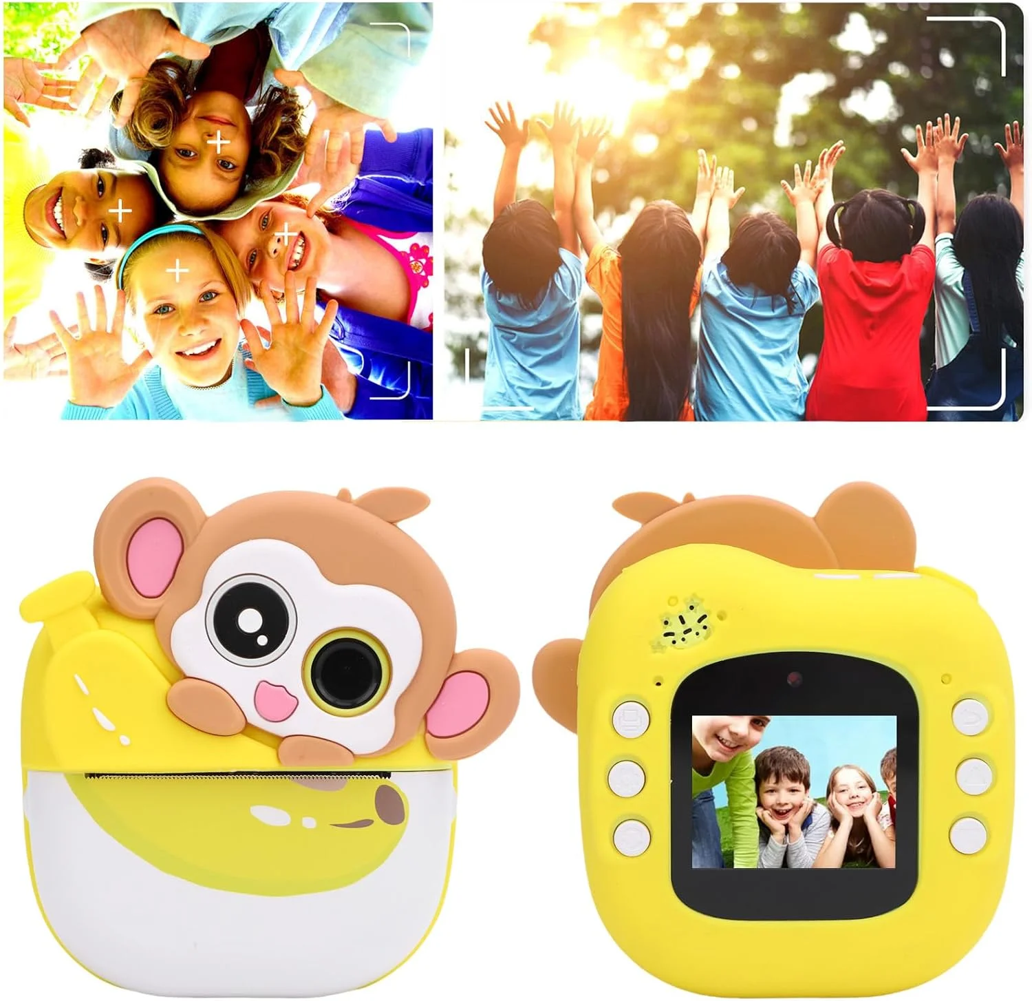 دوربین دیجیتال چاپ فوری 48 مگاپیکسلی HD با صفحه نمایش 2 اینچی، سلفی، تایمر برای کودکان، طرح میمون کارتونی بامزه برای هدیه تولد و کریسمس کودکان، چاپ بدون جوهر
