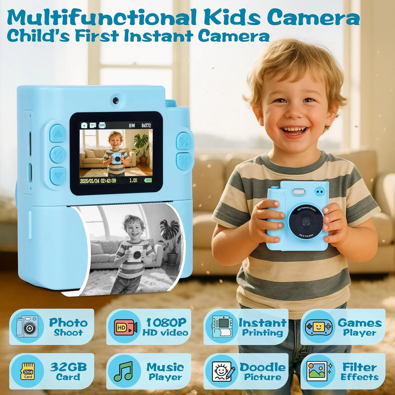 دوربین چاپ فوری کودکانه، دوربین دیجیتال سلفی دو لنز 1080P HD به همراه 5 رول کاغذ چاپ و کارت TF 32 گیگابایتی، برای کودکان، اسباب بازی قابل حمل برای کودکان 3-12 ساله (آبی) دوربین چاپ فوری کودکانه، دوربین دیجیتال سلفی دو لنز 1080P HD به همراه 5 رول کاغذ چاپ و کارت TF 32 گیگابایتی، برای کودکان، اسباب بازی قابل حمل برای کودکان 3-12 ساله (آبی)