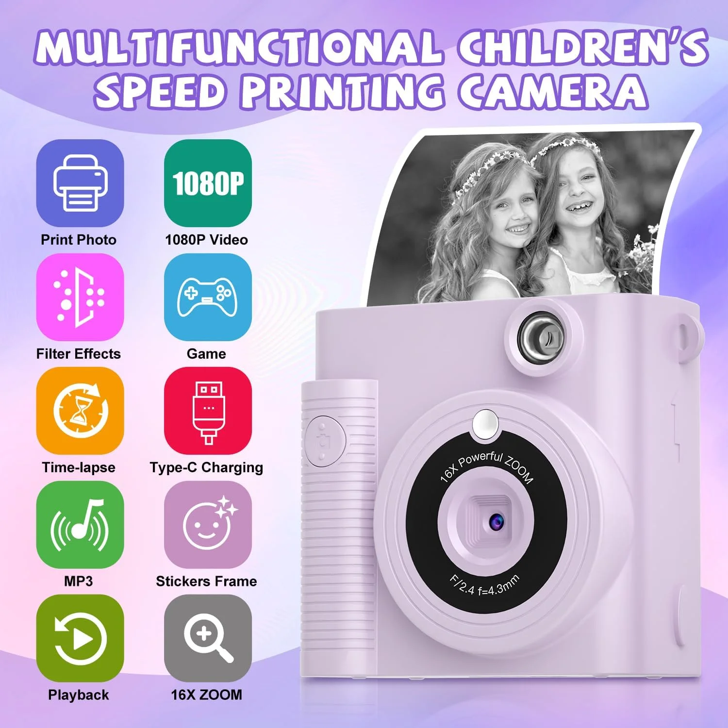 دوربین چاپ فوری کودکانه، مناسب کودکان و نوجوانان، دوربین فیلمبرداری دیجیتال HD 1080P به همراه کارت حافظه 32 گیگابایتی، اسباب بازی قابل حمل تولد برای سنین 3، 4، 5، 6، 7، 8، 9، 10، 11 و 12 سال دختران و پسران