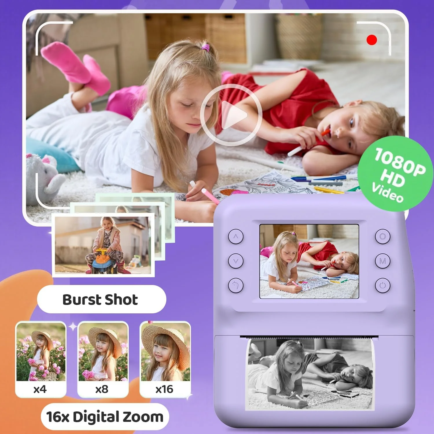 دوربین چاپ فوری کودکانه، دوربین دیجیتال سلفی با فیلمبرداری 1080P، اسباب بازی دوربین مسافرتی قابل حمل برای کودکان 3 4 5 6 7 8 9 ساله