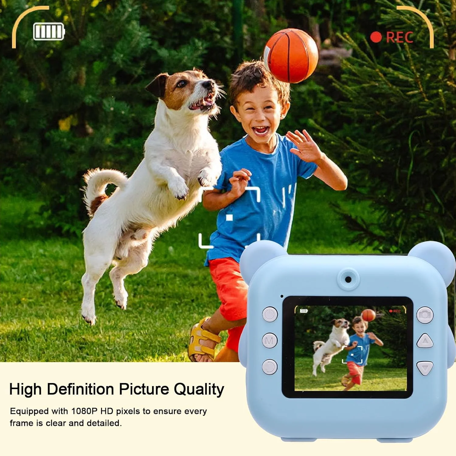 دوربین چاپ فوری کودکانه، دوربین دیجیتال 1080P با صفحه نمایش 2 اینچی TFT و کاغذ چاپ، دوربین قابل حمل کودک نوپا، اسباب بازی دوربین مسافرتی برای دختران پسران، تولد، کریسمس، تعطیلات (آبی)