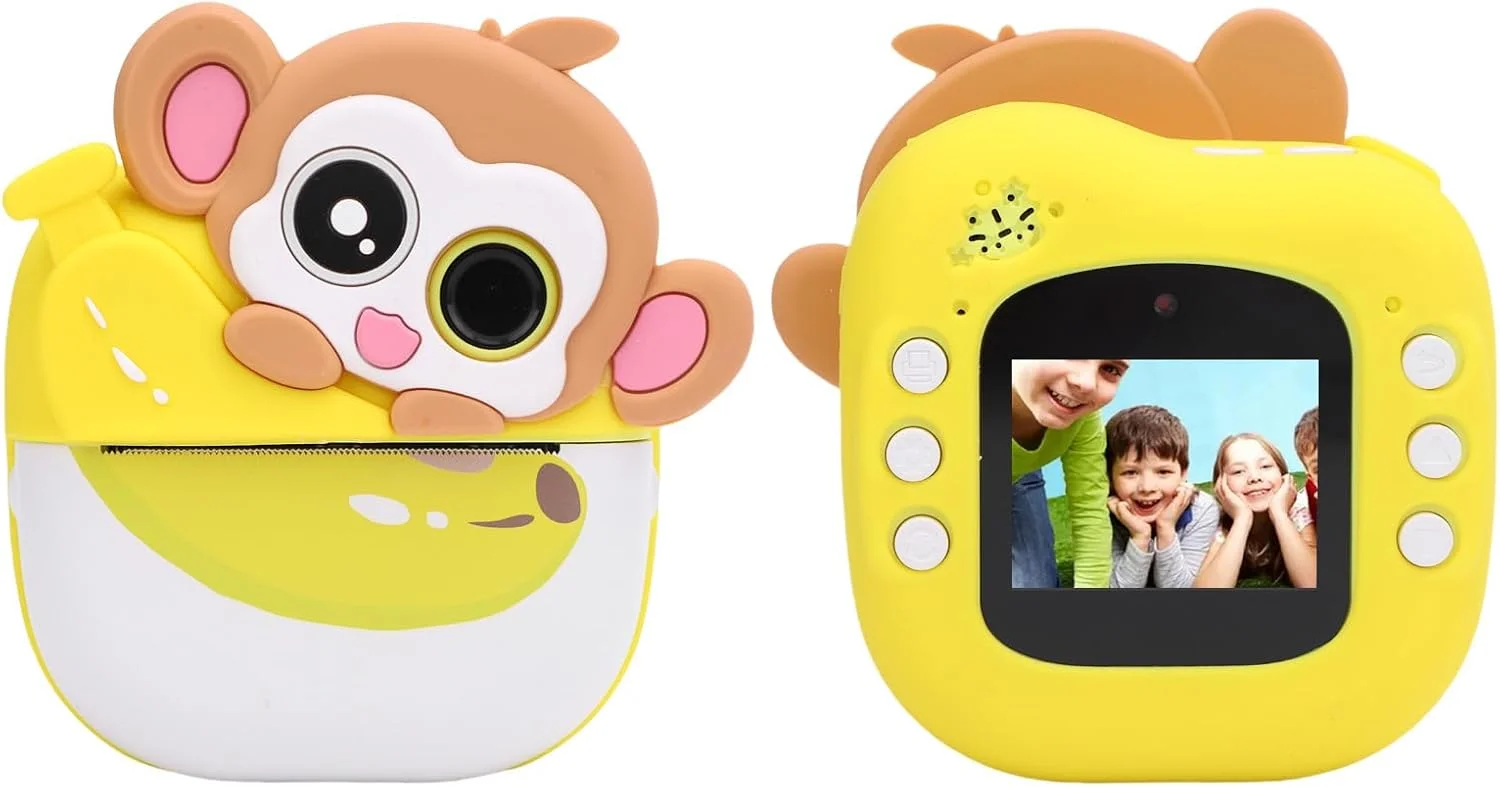 دوربین دیجیتال چاپ فوری 48 مگاپیکسلی HD با صفحه نمایش 2 اینچی، سلفی، تایمر برای کودکان، طرح میمون کارتونی بامزه برای هدیه تولد و کریسمس کودکان، چاپ بدون جوهر