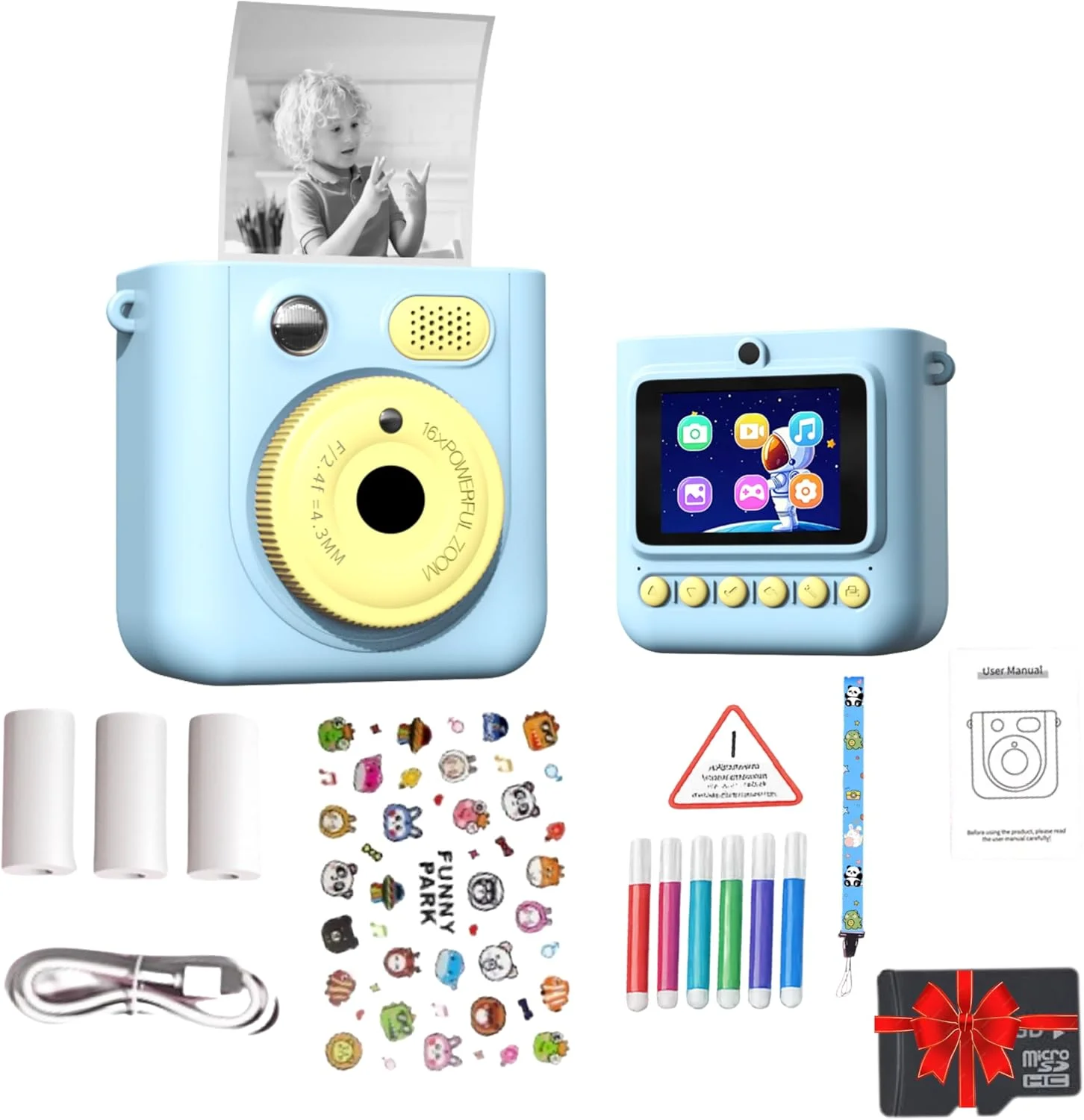 دوربین چاپ فوری کودکان، اسباب بازی آموزشی برای کودکان نوپا، لنز دوگانه 1080P، ضبط FHD، کارت SD با کاغذ چاپ دیجیتال، هدیه تولد، تعطیلات و عید عالی برای دختران و پسران 3-12 ساله - آبی