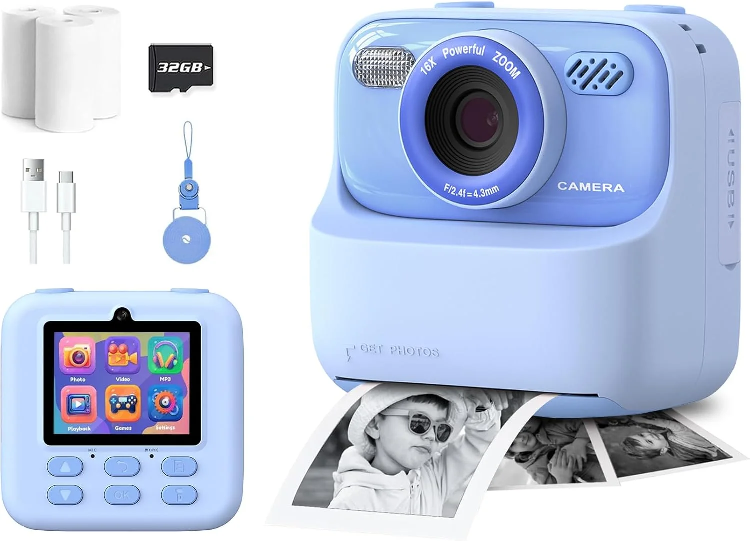 دوربین چاپ فوری کودکانه، بدون نیاز به جوهر، کارت حافظه 32 گیگابایتی، فیلم کاغذی قابل حمل 1080P، چاپ فوری سلفی، عکس و فیلم، هدیه تولد و جشنواره برای کودکان (آبی)