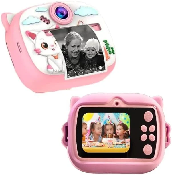دوربین چاپ فوری برای کودکان - 1080P HD، 48 مگاپیکسل، بلوتوث، برنامه رایگان، 3 رول کاغذ چاپ با 12 مداد طراحی، استیکر، فیلترهای سرگرم کننده، هدیه برای پسران و دختران (صورتی)، بسته 1 عددی