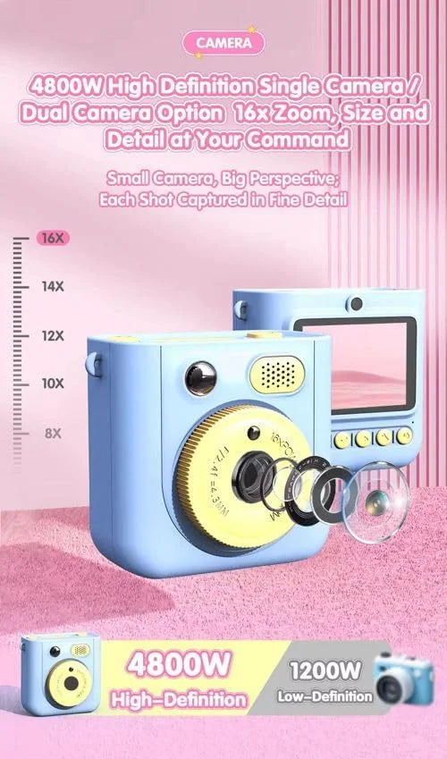 دوربین چاپ فوری کودکان، اسباب بازی آموزشی برای کودکان نوپا، لنز دوگانه 1080P، ضبط FHD، کارت SD با کاغذ چاپ دیجیتال، هدیه تولد، تعطیلات و عید عالی برای دختران و پسران 3-12 ساله - آبی