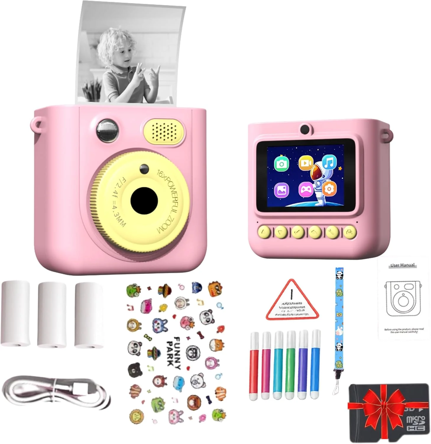 دوربین چاپ فوری کودکانه، اسباب بازی آموزشی برای کودکان نوپا، لنز دوگانه 1080P، ضبط FHD، کارت SD با کاغذ چاپ دیجیتال، هدیه تولد، تعطیلات و عید عالی برای دختران و پسران 3-12 ساله - صورتی