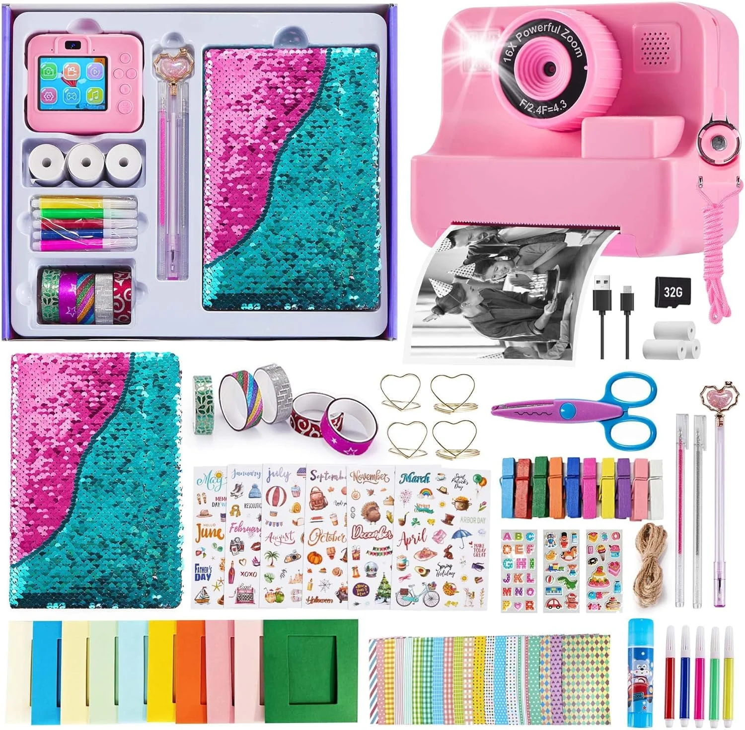 دوربین چاپ فوری کودکان و کیت دفترچه خاطرات DIY، دوربین های سلفی 1080P برای کودکانی که عکس چاپ می کنند، هدیه تولد کریسمس برای دختران 3-12 ساله، اسباب بازی قابل حمل برای دختران و پسران 3 4 5 6 7 8 9 10 ساله