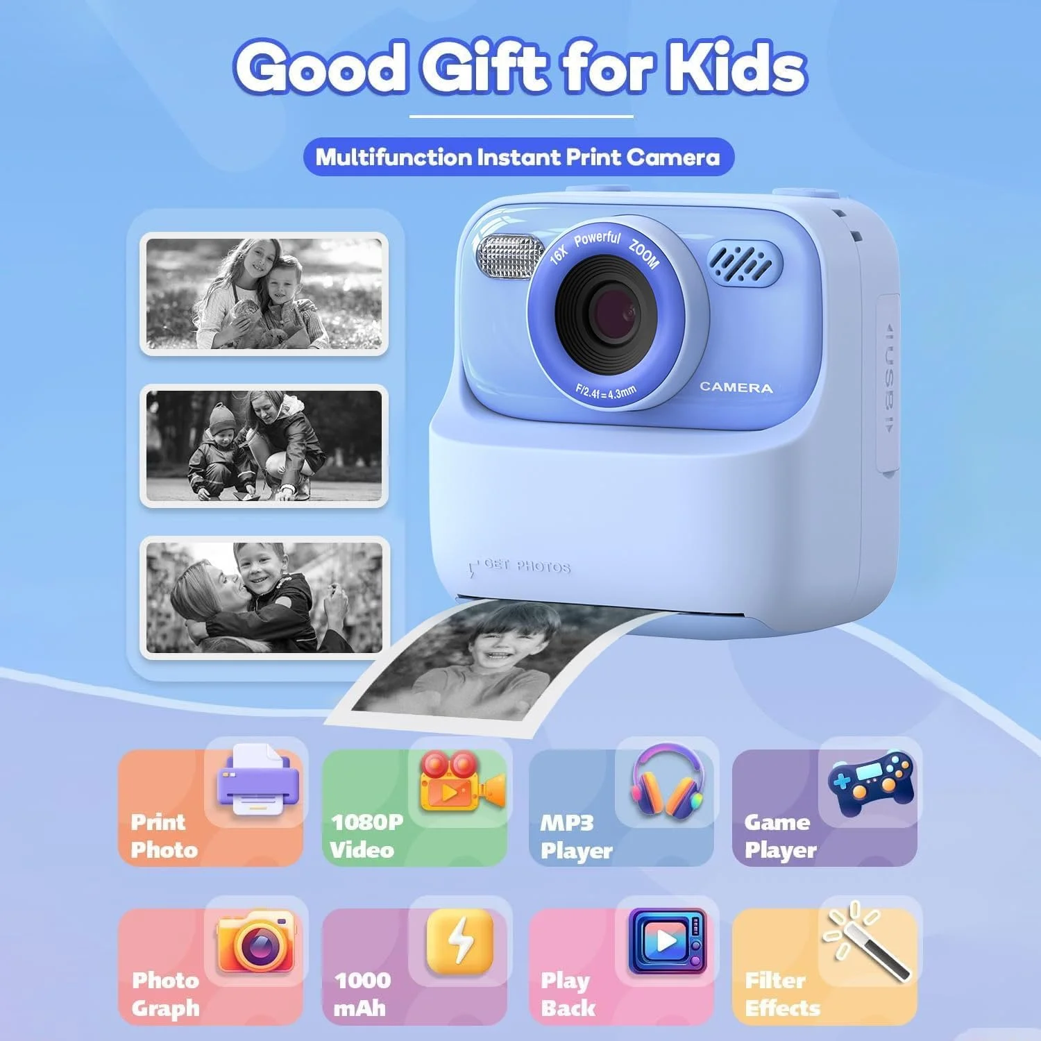 دوربین چاپ فوری کودکانه، بدون نیاز به جوهر، کارت حافظه 32 گیگابایتی، فیلم کاغذی قابل حمل 1080P، چاپ فوری سلفی، عکس و فیلم، هدیه تولد و جشنواره برای کودکان (آبی)
