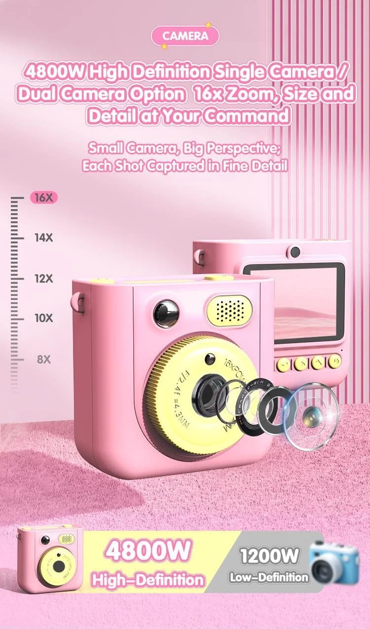 دوربین چاپ فوری کودکانه، اسباب بازی آموزشی برای کودکان نوپا، لنز دوگانه 1080P، ضبط FHD، کارت SD با کاغذ چاپ دیجیتال، هدیه تولد، تعطیلات و عید عالی برای دختران و پسران 3-12 ساله - صورتی