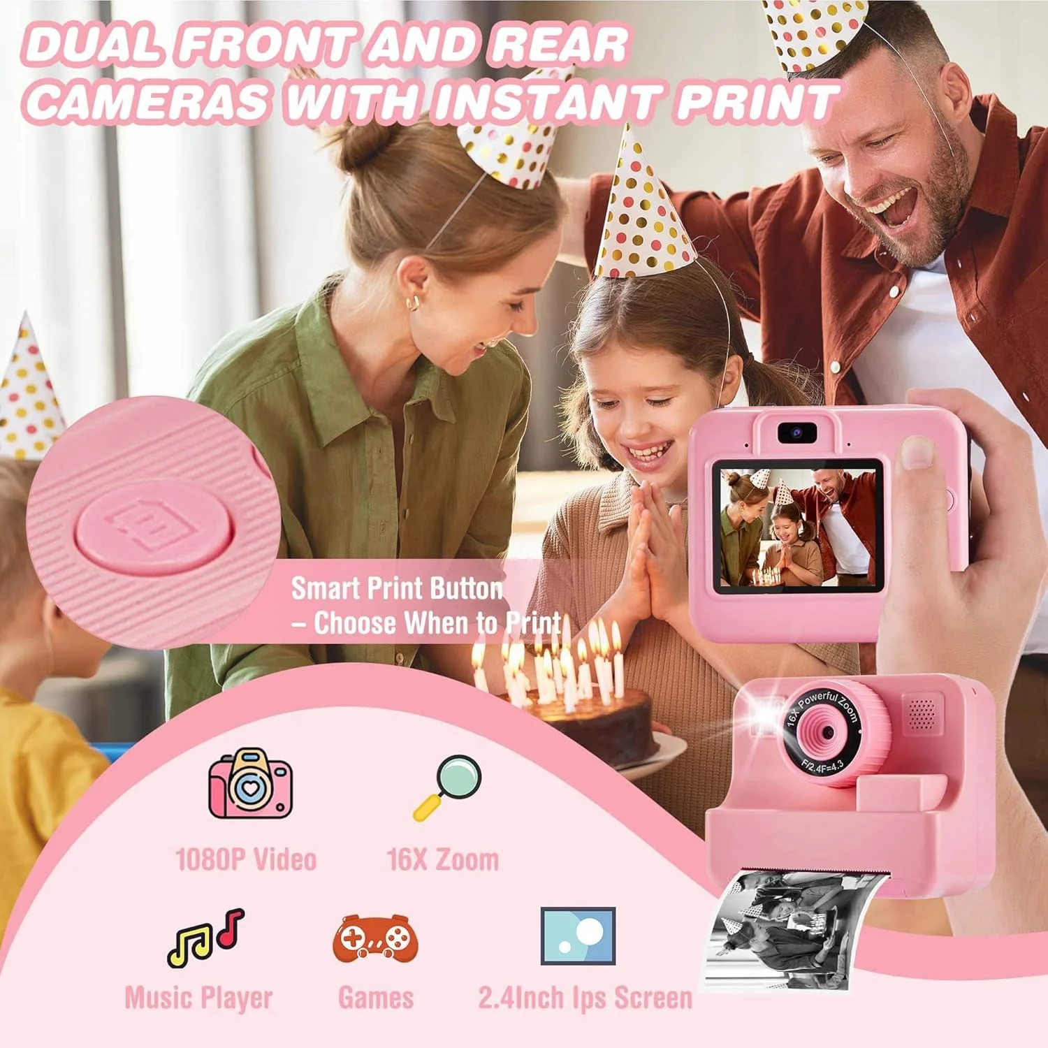 دوربین چاپ فوری کودکان و کیت دفترچه خاطرات DIY، دوربین های سلفی 1080P برای کودکانی که عکس چاپ می کنند، هدیه تولد کریسمس برای دختران 3-12 ساله، اسباب بازی قابل حمل برای دختران و پسران 3 4 5 6 7 8 9 10 ساله