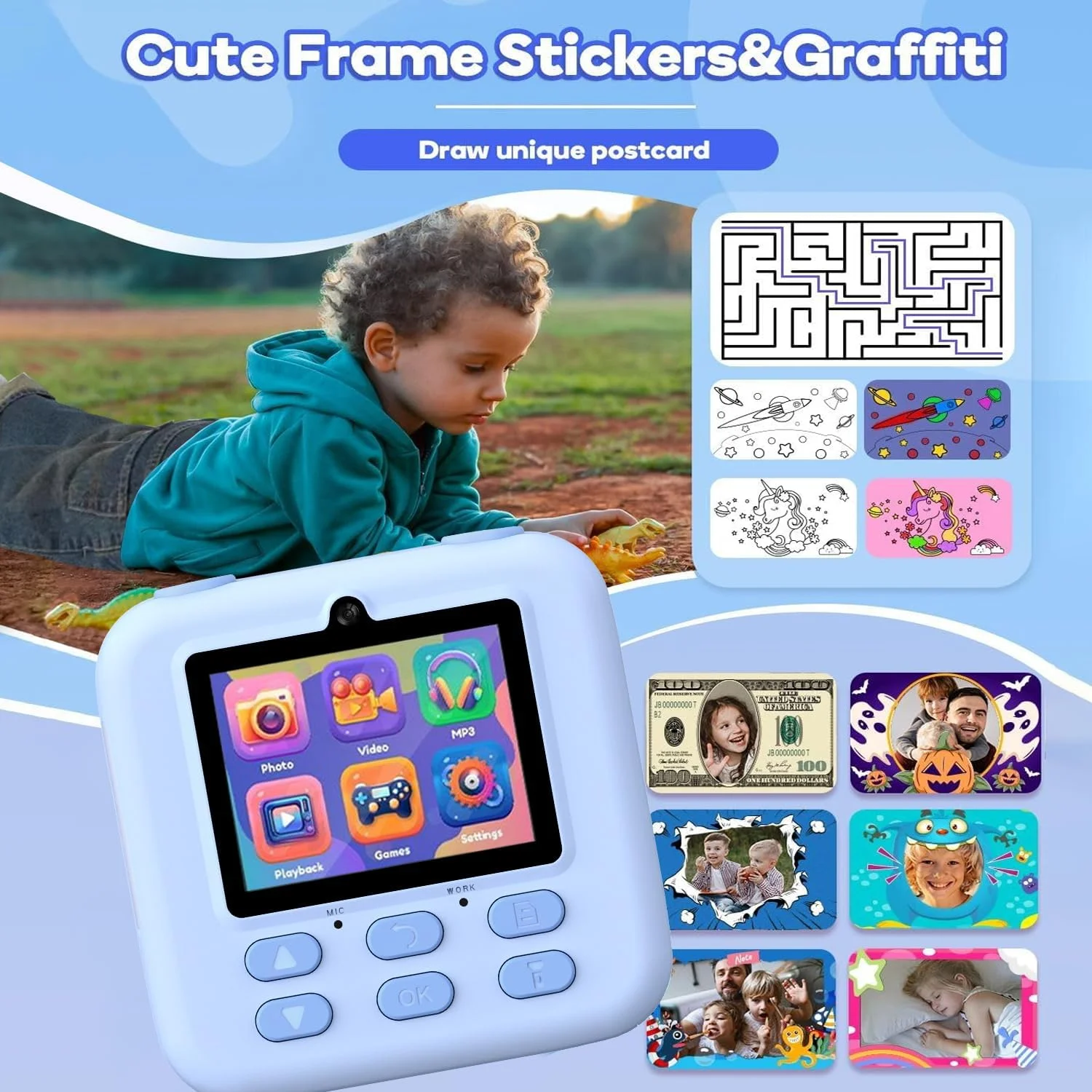 دوربین چاپ فوری کودکانه، بدون نیاز به جوهر، کارت حافظه 32 گیگابایتی، فیلم کاغذی قابل حمل 1080P، چاپ فوری سلفی، عکس و فیلم، هدیه تولد و جشنواره برای کودکان (آبی)