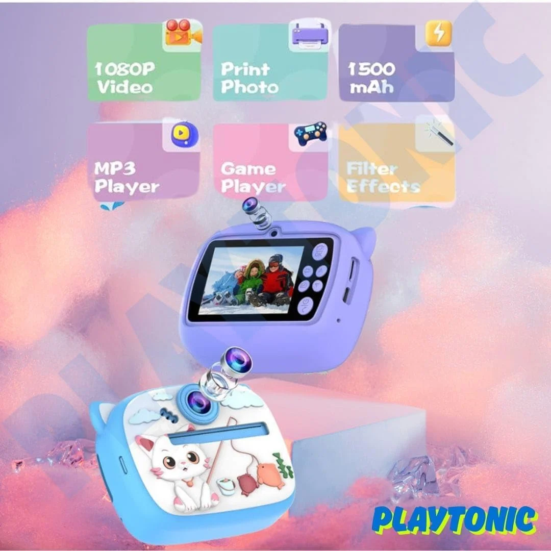دوربین چاپ فوری برای کودکان - 1080P HD، 48 مگاپیکسل، بلوتوث، برنامه رایگان، 3 رول کاغذ چاپ با 12 مداد طراحی، استیکر، فیلترهای سرگرم کننده، هدیه برای پسران و دختران (صورتی)، بسته 1 عددی