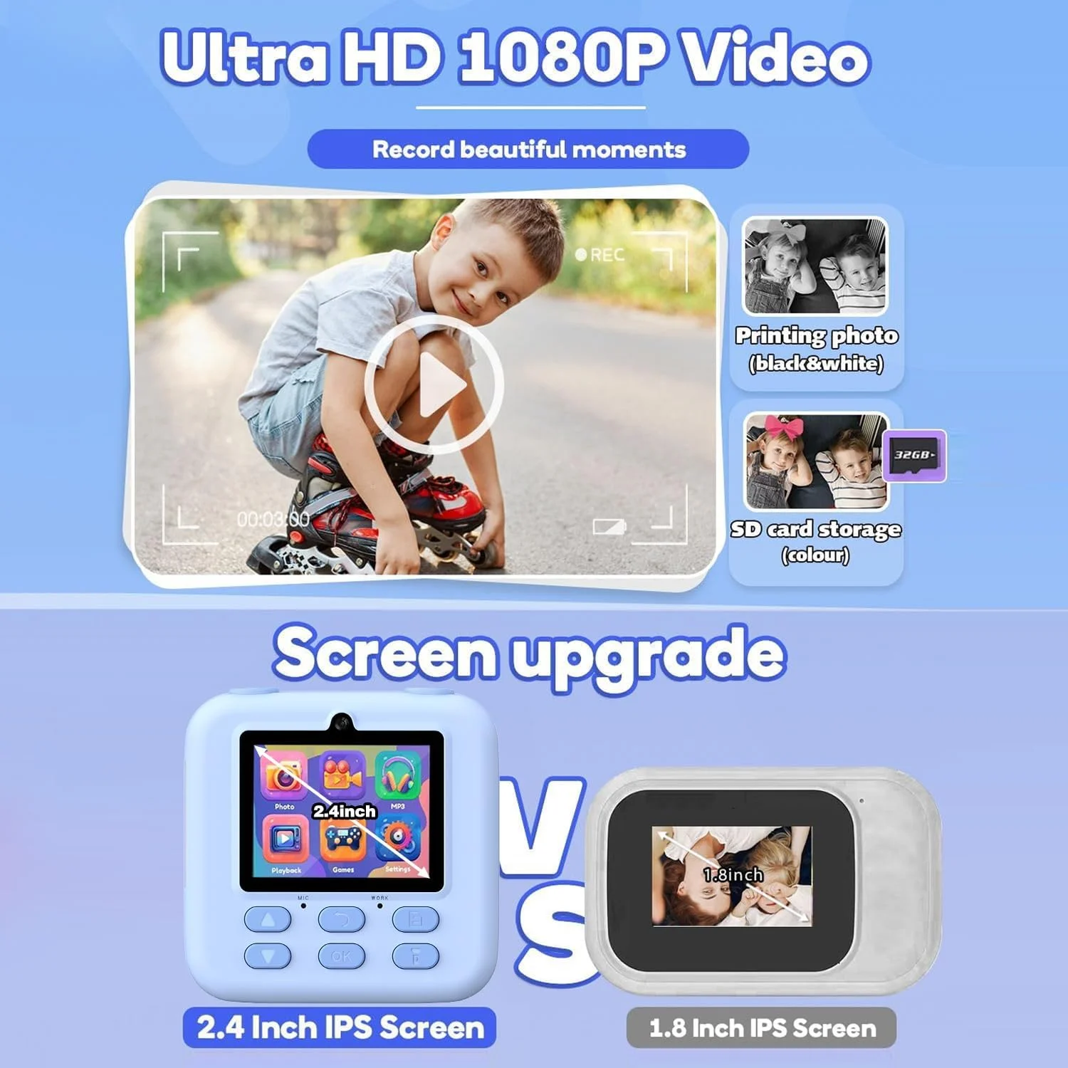 دوربین چاپ فوری کودکانه، بدون نیاز به جوهر، کارت حافظه 32 گیگابایتی، فیلم کاغذی قابل حمل 1080P، چاپ فوری سلفی، عکس و فیلم، هدیه تولد و جشنواره برای کودکان (آبی)