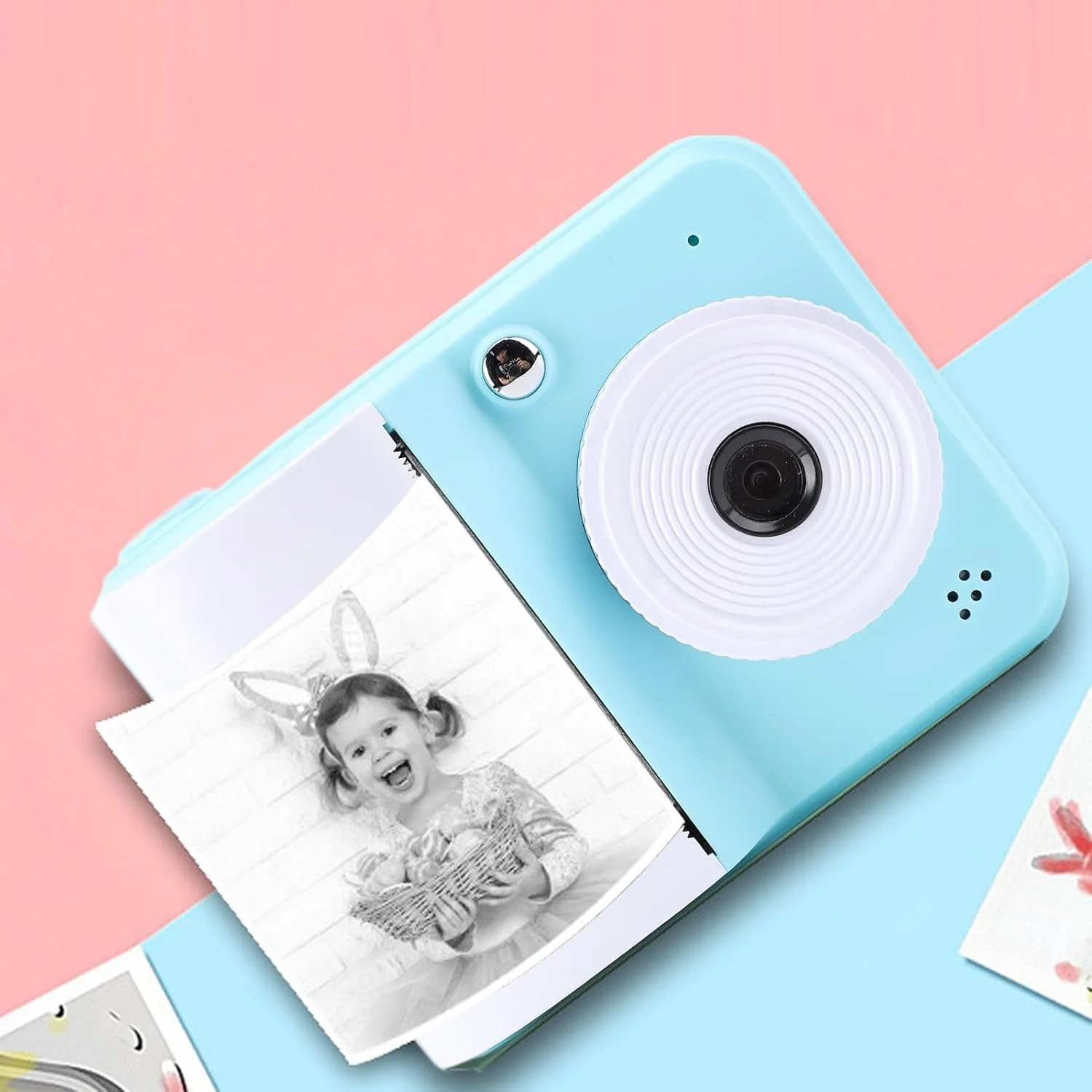 دوربین چاپ فوری کودکانه 48 مگاپیکسل 1080P به همراه 3 رول کاغذ چاپ، مناسب برای پسران و دختران (آبی)