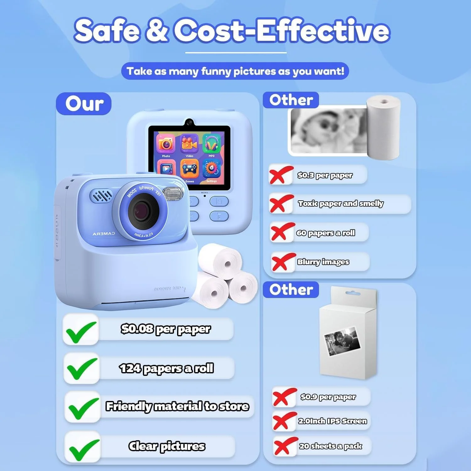 دوربین چاپ فوری کودکانه، بدون نیاز به جوهر، کارت حافظه 32 گیگابایتی، فیلم کاغذی قابل حمل 1080P، چاپ فوری سلفی، عکس و فیلم، هدیه تولد و جشنواره برای کودکان (آبی)