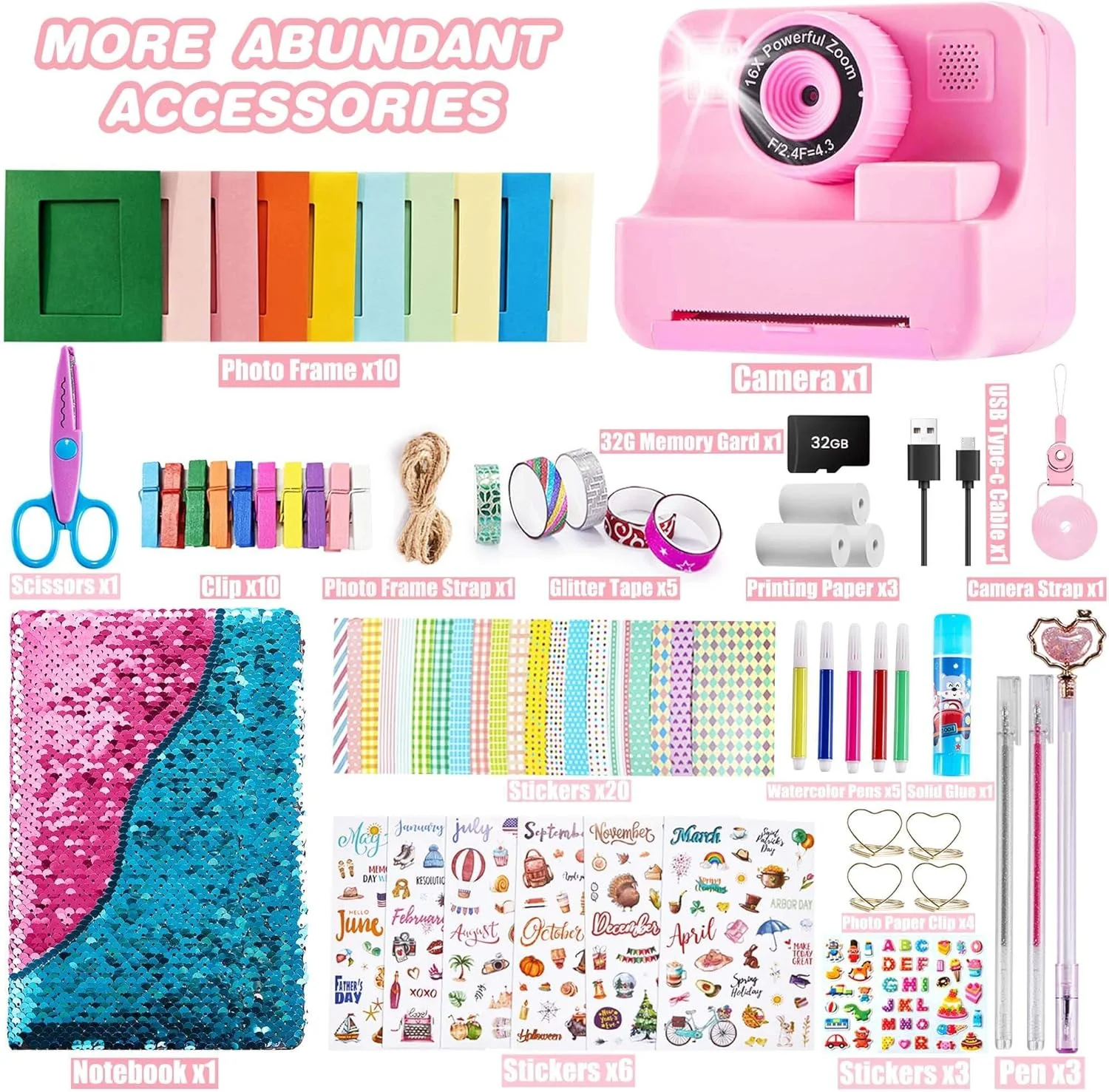 دوربین چاپ فوری کودکان و کیت دفترچه خاطرات DIY، دوربین های سلفی 1080P برای کودکانی که عکس چاپ می کنند، هدیه تولد کریسمس برای دختران 3-12 ساله، اسباب بازی قابل حمل برای دختران و پسران 3 4 5 6 7 8 9 10 ساله