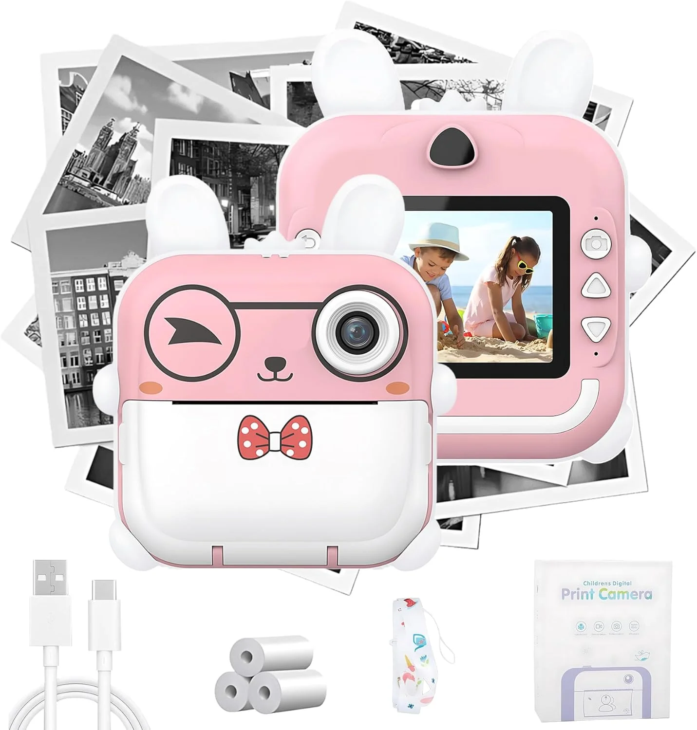 دوربین چاپ فوری کودکانه 24 مگاپیکسل، دوربین حرارتی کوچک با زوم چندگانه و صفحه نمایش 2.4 اینچی برای کودکان 3 تا 12 سال (هلویی)