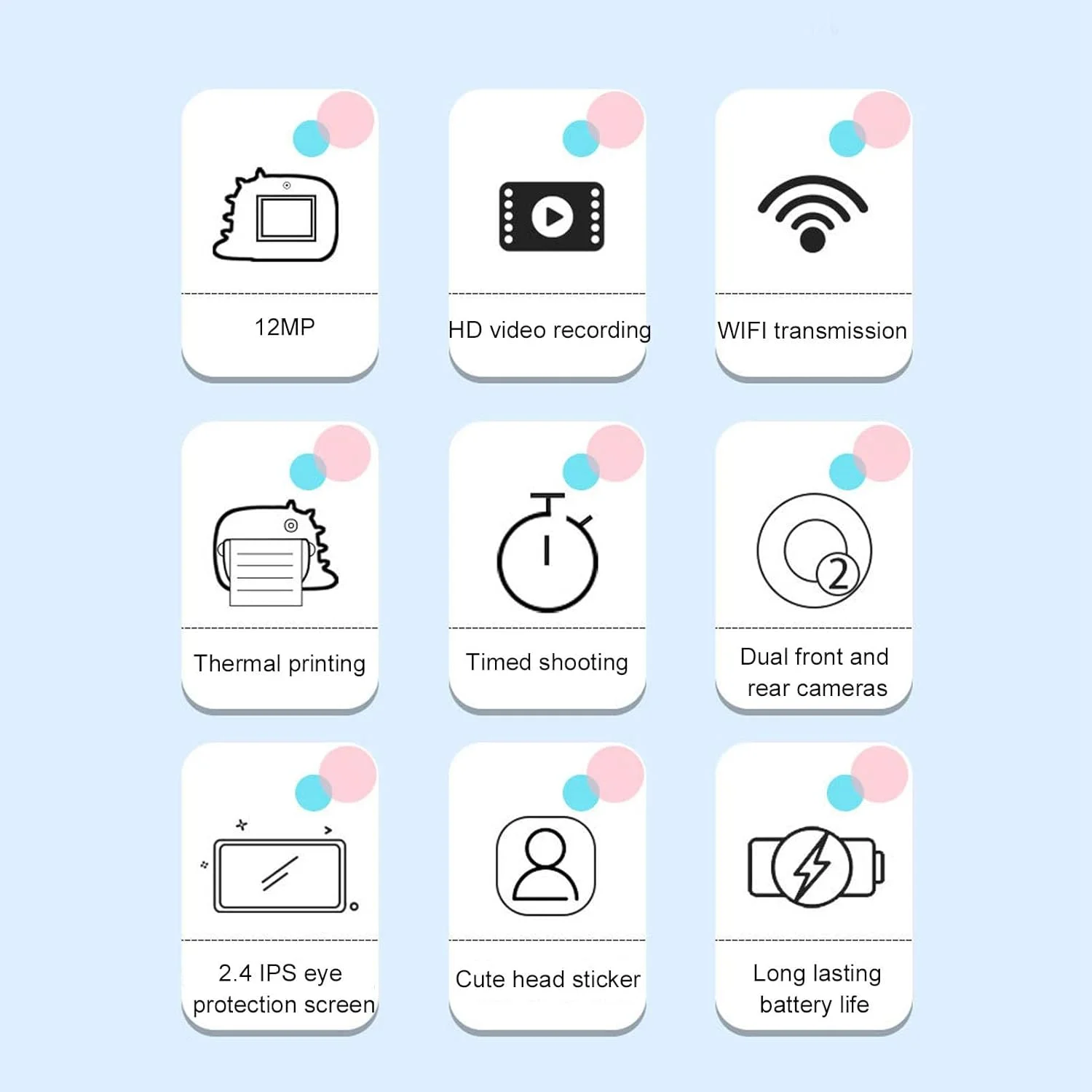 دوربین فوری کودکانه، دوربین دیجیتال شارژی برای کودکان، دوربین دیجیتال چاپ حرارتی، پشتیبانی از برنامه Wifi، ۱۲ مگاپیکسل، زوم ۸ برابر، دوربین دوگانه، مناسب برای هدیه کودکان