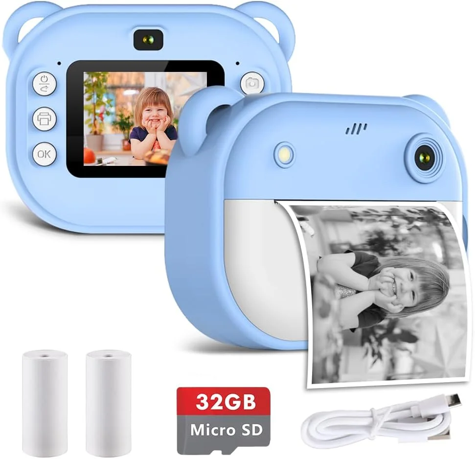 دوربین چاپ فوری کودکانه IXROAD، دوربین دیجیتال 1080P کودکانه، دوربین کودکان برای دختران و پسران، دوربین فوری برای کودکان به همراه کارت 32 گیگابایتی و کاغذ چاپ