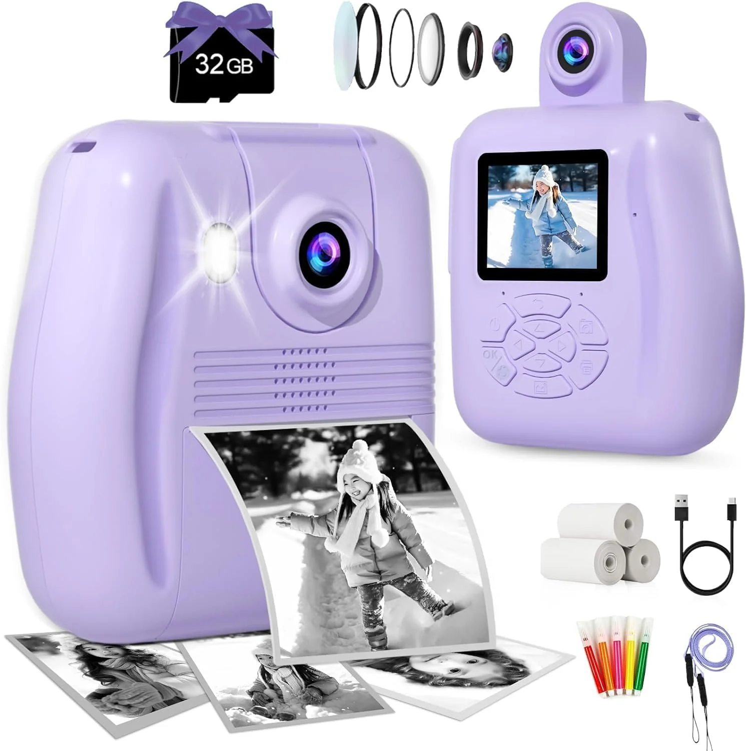 دوربین چاپ فوری کودکانه - دوربین دیجیتال HD برای کودکان، دوربین های عکس فوری دیجیتال بدون جوهر، اسباب بازی دوربین فیلمبرداری کودکانه هدیه تولد کریسمس برای دختران پسران 3-12 سال (بنفش)