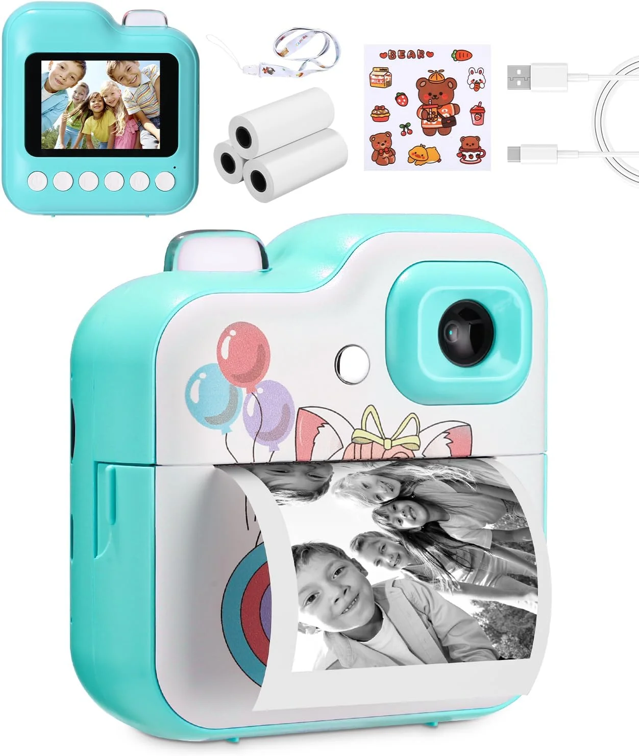 دوربین فوری کودکان با صفحه نمایش 2.4 اینچی 1080P به همراه 3 رول کاغذ چاپ و کارت 32 گیگابایتی، هدیه کریسمس برای پسران و دختران 3-12 ساله (آبی)