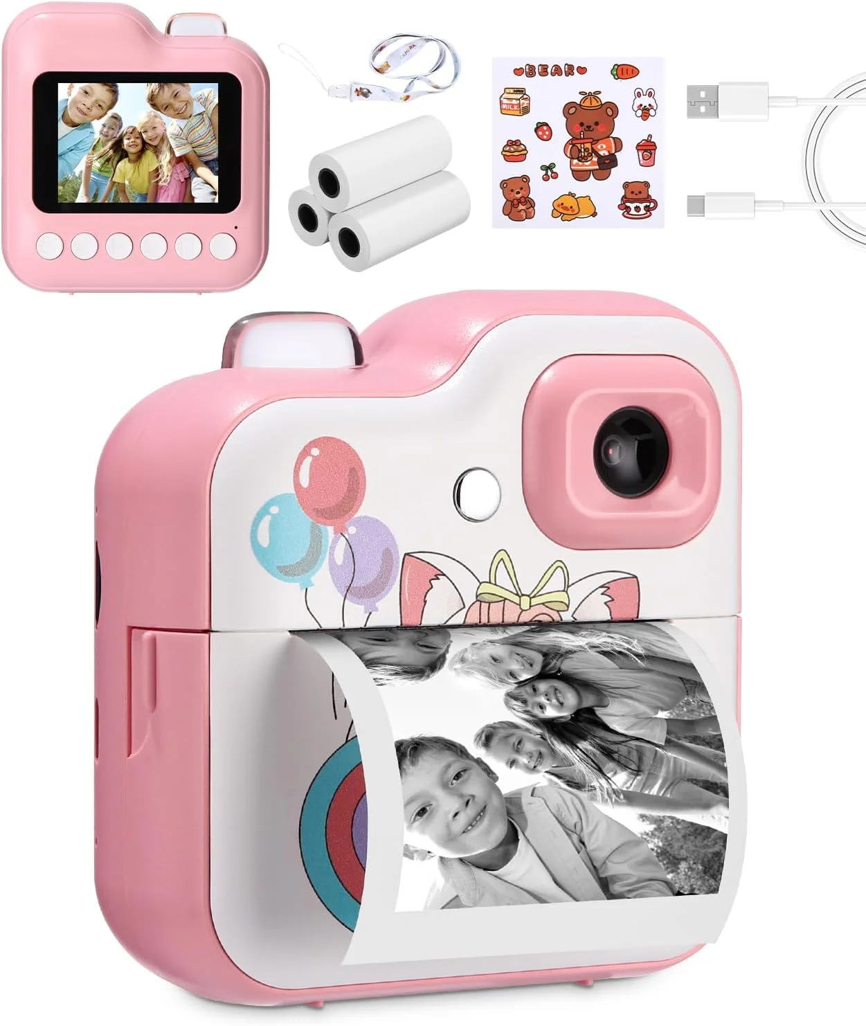 دوربین فوری کودکان Ixydor با صفحه نمایش 2.4 اینچی 1080P، به همراه 3 رول کاغذ چاپ و کارت 32 گیگابایتی، هدیه کریسمس برای پسران و دختران 3-12 ساله (صورتی)