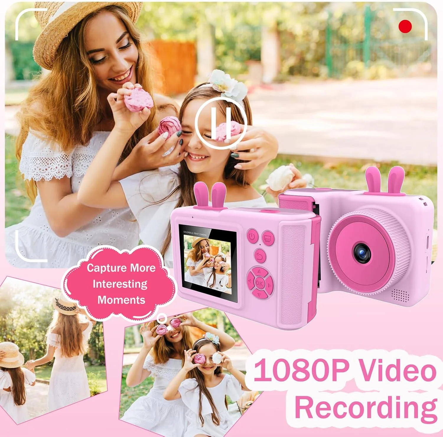 دوربین چاپ فوری کودکانه، دوربین کودکان 1080P، اسباب بازی دوربین کودک نوپا، مناسب دختران 3-12 ساله، اسباب بازی دوربین دیجیتال مسافرتی برای پسران 3 4 5 6 7 8 9 10 ساله (صورتی)