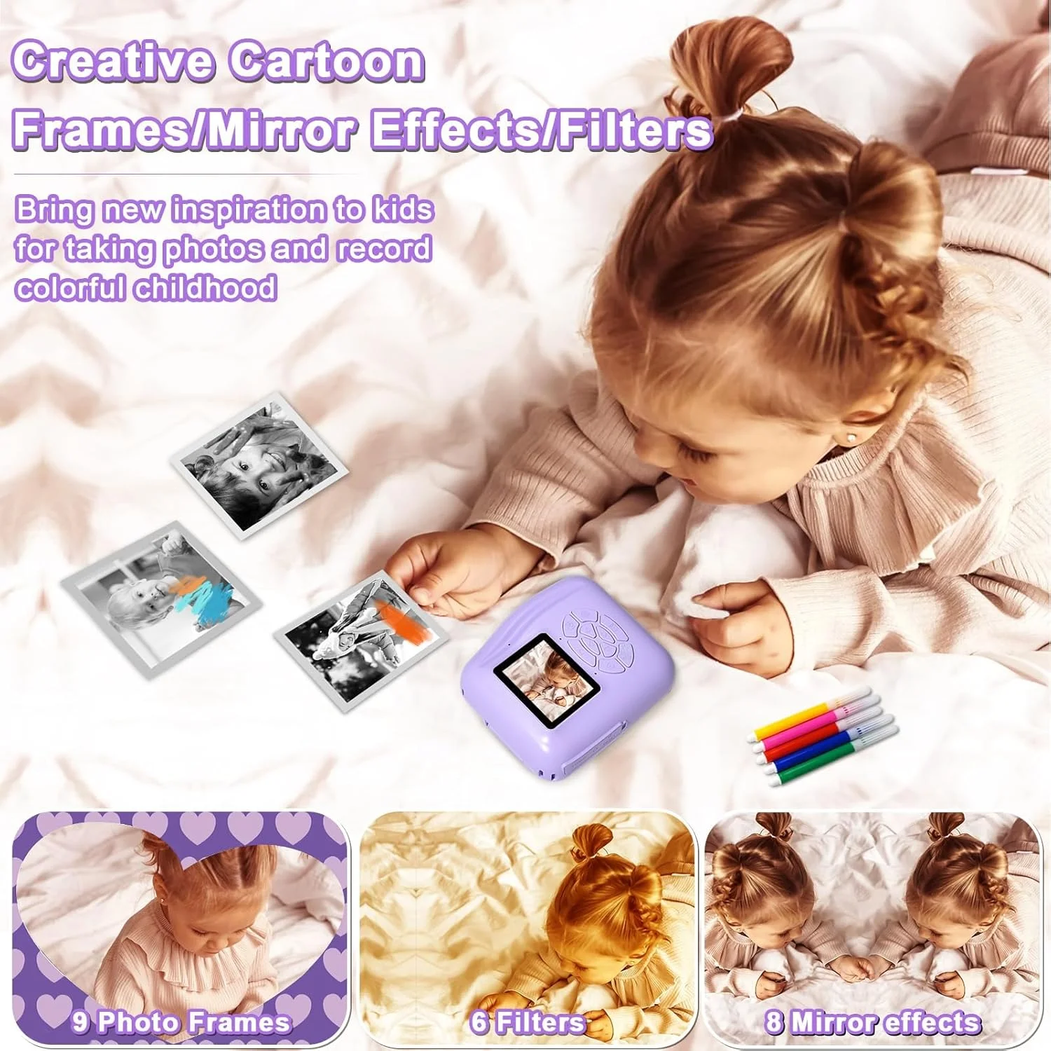 دوربین چاپ فوری کودکانه - دوربین دیجیتال HD برای کودکان، دوربین های عکس فوری دیجیتال بدون جوهر، اسباب بازی دوربین فیلمبرداری کودکانه هدیه تولد کریسمس برای دختران پسران 3-12 سال (بنفش)