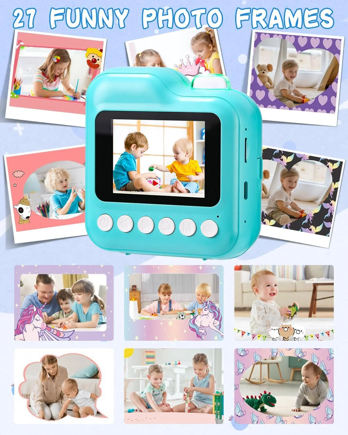 دوربین فوری کودکان با صفحه نمایش 2.4 اینچی 1080P به همراه 3 رول کاغذ چاپ و کارت 32 گیگابایتی، هدیه کریسمس برای پسران و دختران 3-12 ساله (آبی)