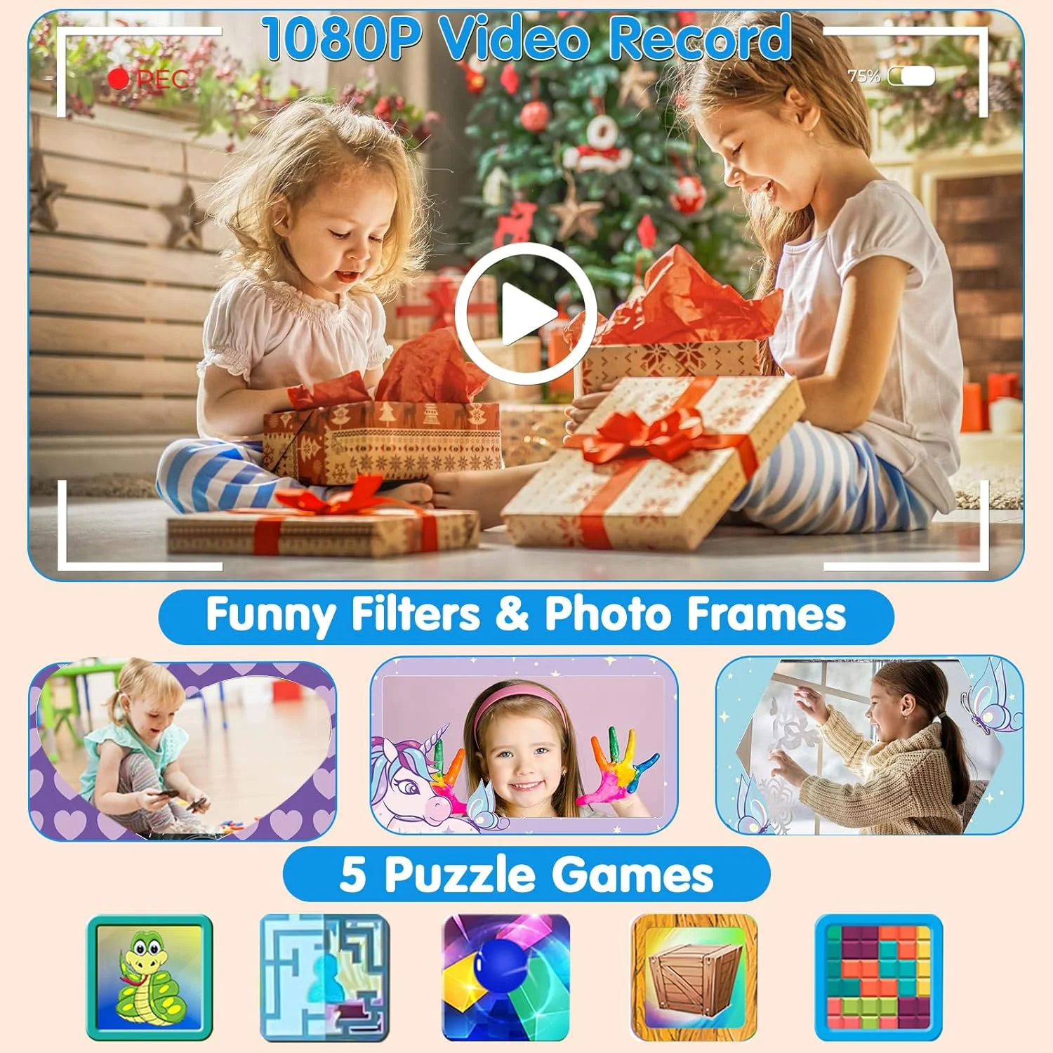 دوربین چاپ فوری کودکانه - دوربین دیجیتال چاپ فوری کودکانه با قابلیت چاپ عکس، دوربین اسباب بازی 1080P با عکس های فوری، هدیه تولد برای دختران و پسران 3، 4، 5، 6، 7، 8، 9، 10، 11، 12 ساله