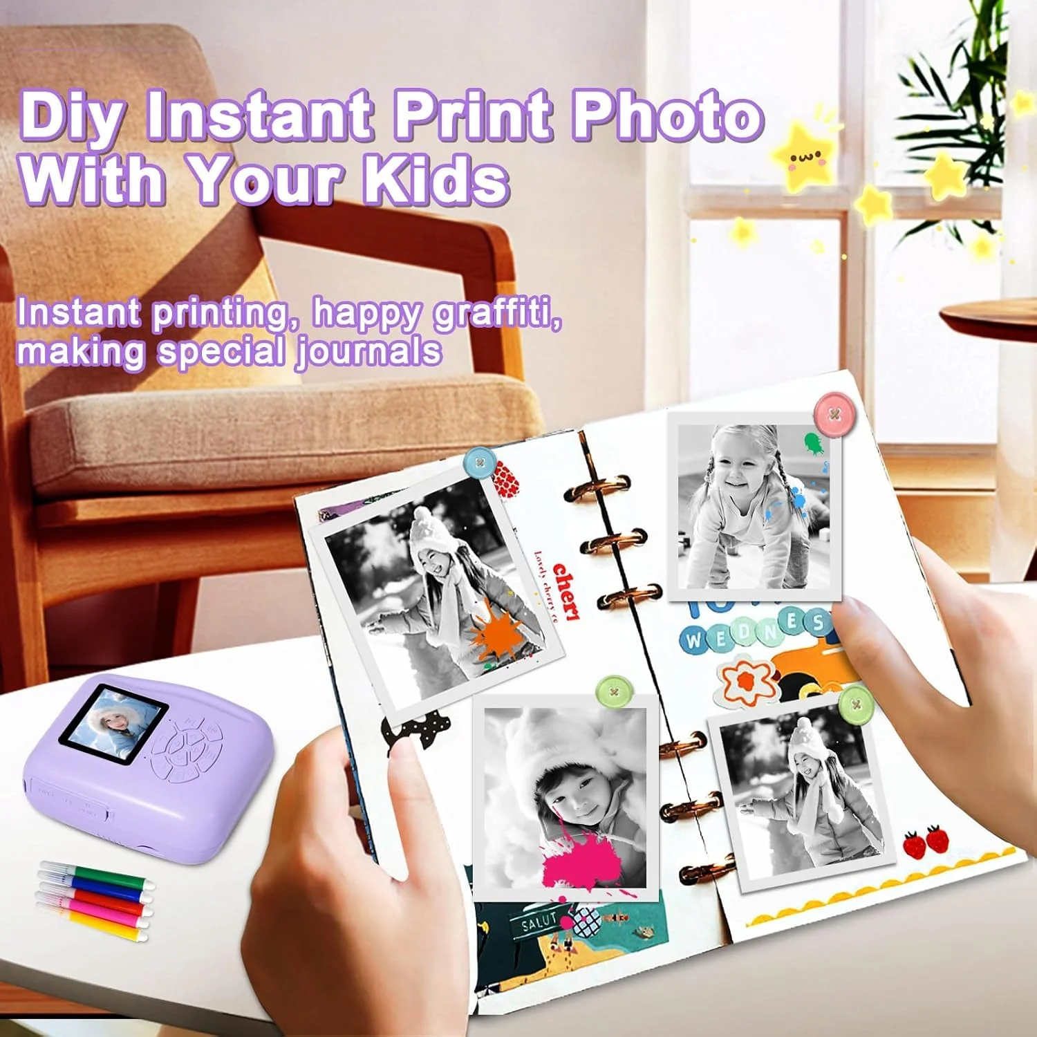 دوربین چاپ فوری کودکانه - دوربین دیجیتال HD برای کودکان، دوربین های عکس فوری دیجیتال بدون جوهر، اسباب بازی دوربین فیلمبرداری کودکانه هدیه تولد کریسمس برای دختران پسران 3-12 سال (بنفش)