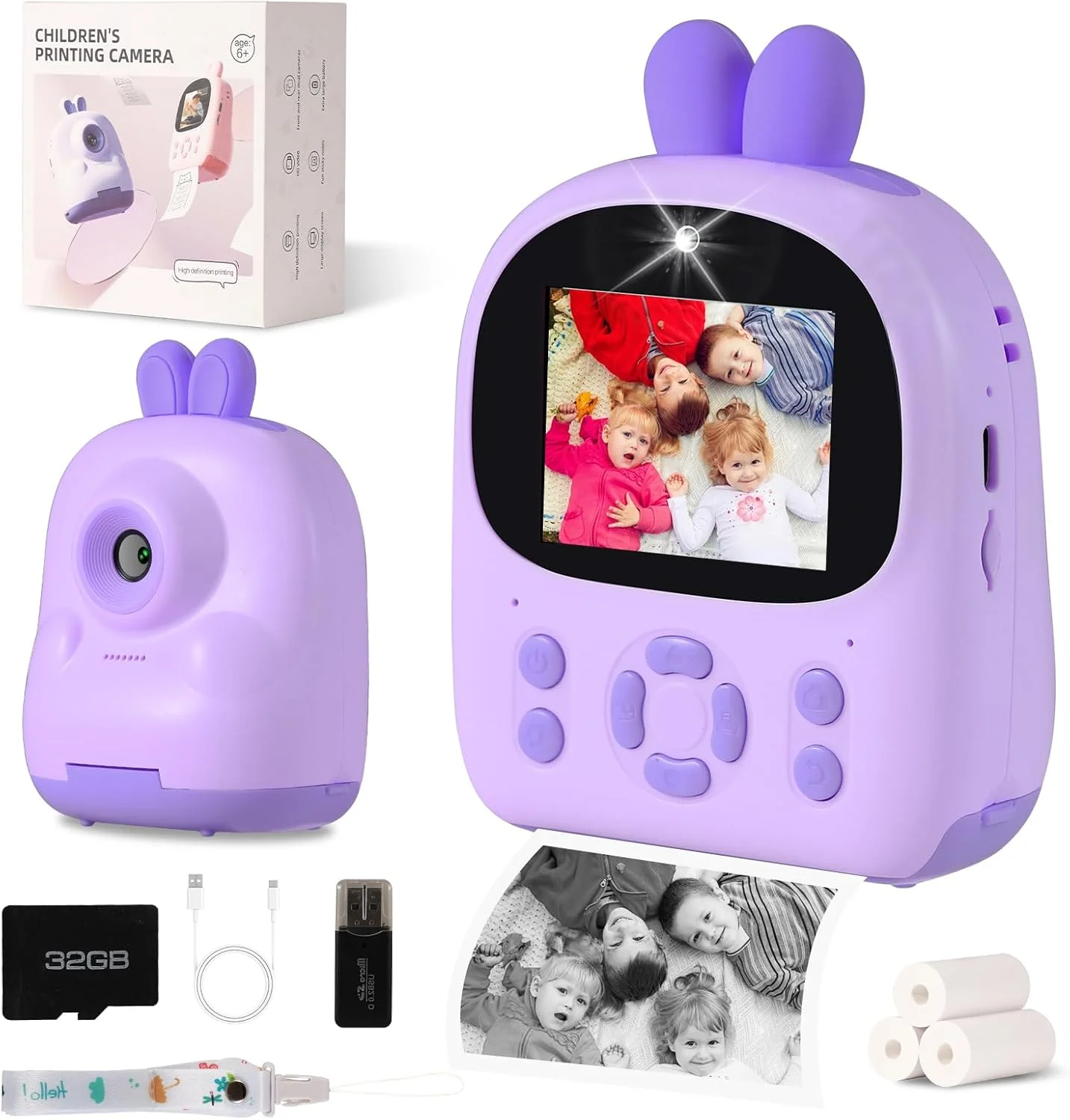 دوربین چاپ فوری کودکانه - دوربین دیجیتال 48 مگاپیکسلی HD با چاپ عکس سیاه و سفید، زوم 16 برابر، کارت 32 گیگابایتی، بازی ها و پخش کننده MP3 برای دختران و پسران 3-12 ساله (بنفش)