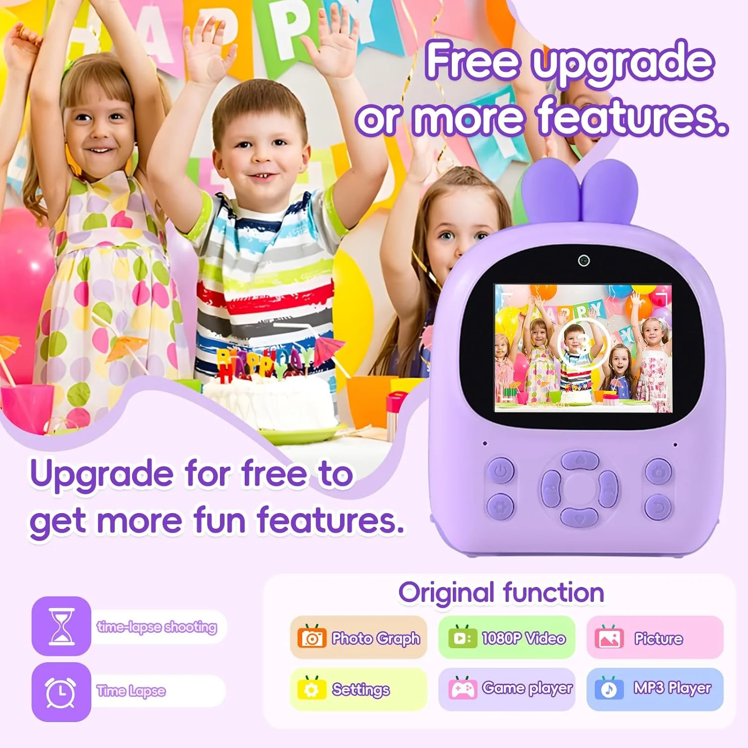 دوربین چاپ فوری کودکانه - دوربین دیجیتال 48 مگاپیکسلی HD با چاپ عکس سیاه و سفید، زوم 16 برابر، کارت 32 گیگابایتی، بازی ها و پخش کننده MP3 برای دختران و پسران 3-12 ساله (بنفش)