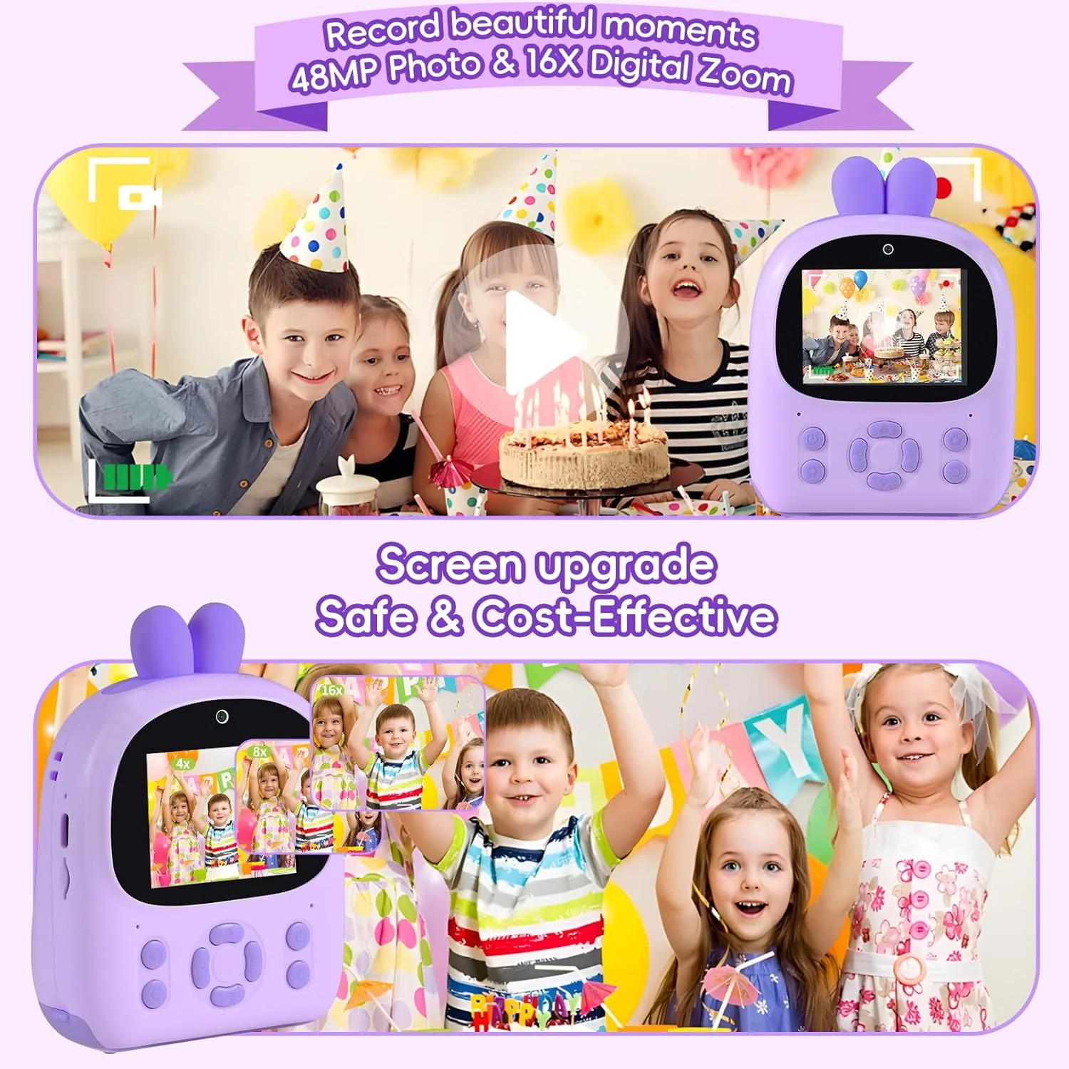 دوربین چاپ فوری کودکانه - دوربین دیجیتال 48 مگاپیکسلی HD با چاپ عکس سیاه و سفید، زوم 16 برابر، کارت 32 گیگابایتی، بازی ها و پخش کننده MP3 برای دختران و پسران 3-12 ساله (بنفش)